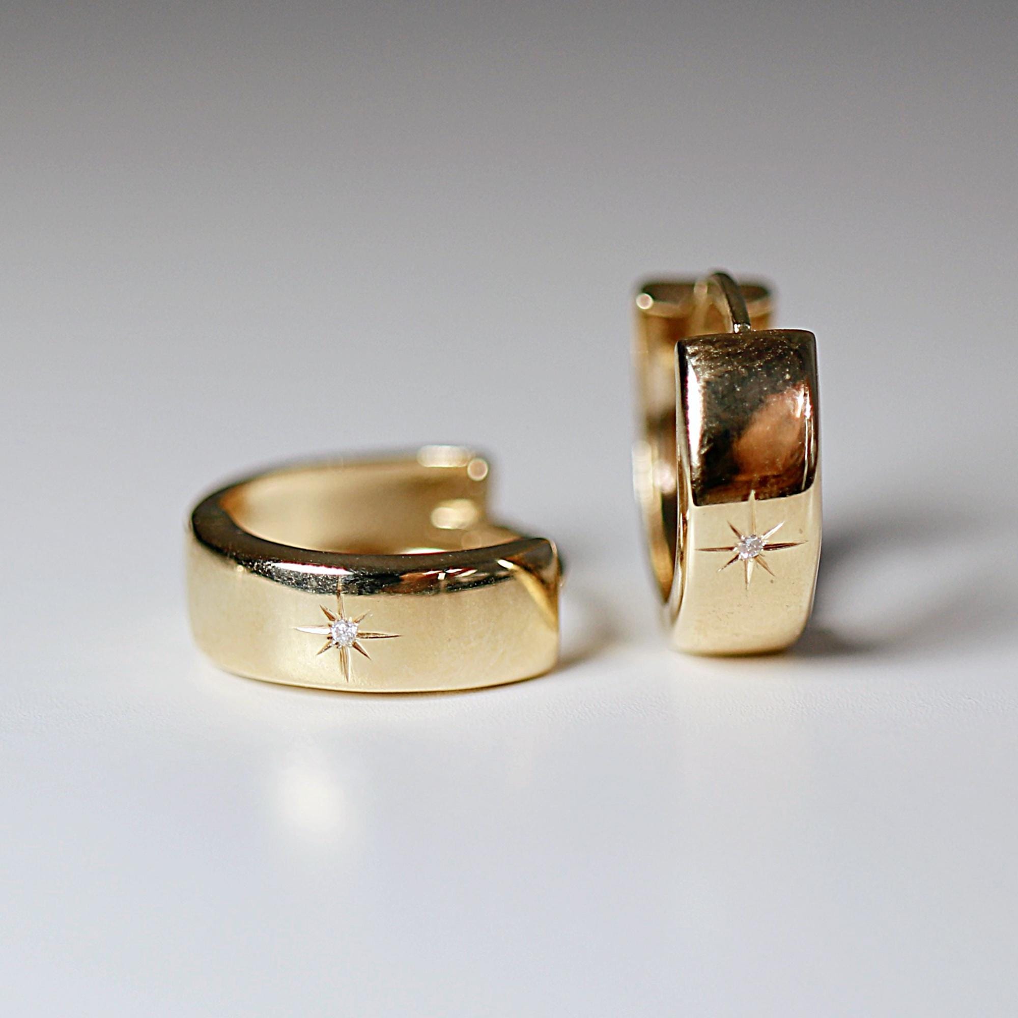 Diamond Star Set Thick Hoop Earrings in 14k Gold - 15mm - Melt'm Jewelry