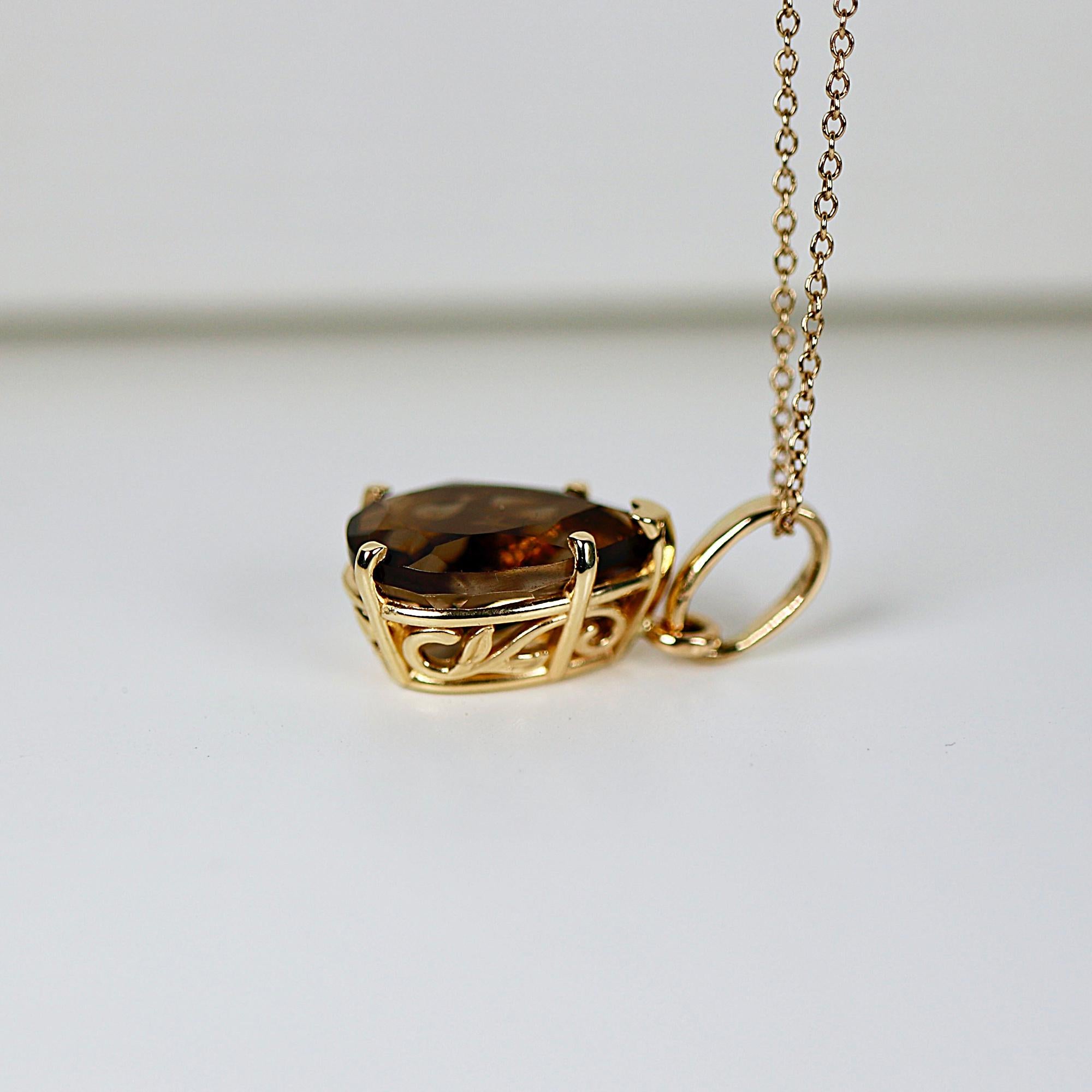 Smokey Quartz Necklace 14k Solid Gold, Pear Cut Smoky Quartz Pendant & 14k Solid Gold Chain, Gift for Wife, Christmas Gift