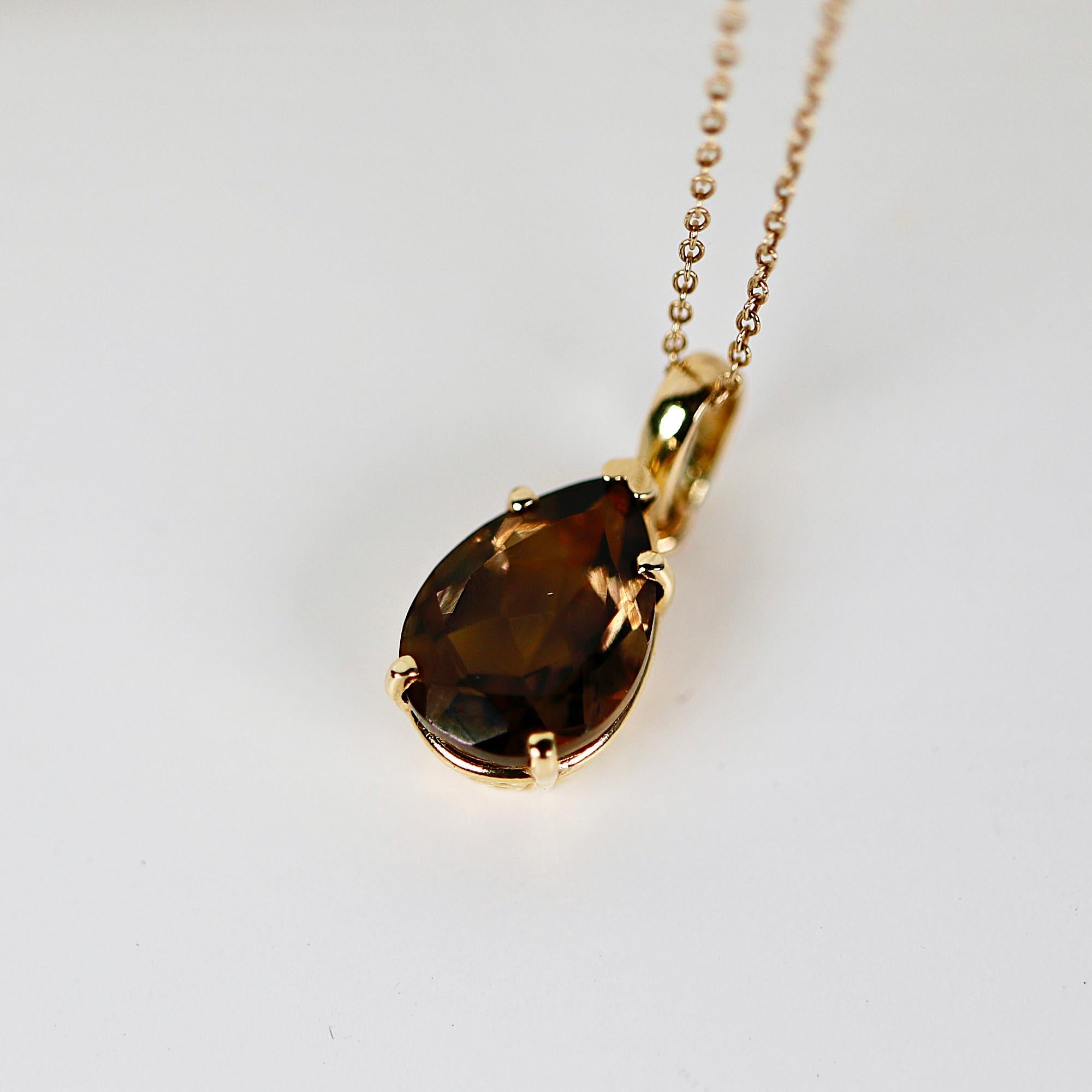 Smokey Quartz Necklace 14k Solid Gold, Pear Cut Smoky Quartz Pendant &amp; 14k Solid Gold Chain, Gift for Wife, Christmas Gift