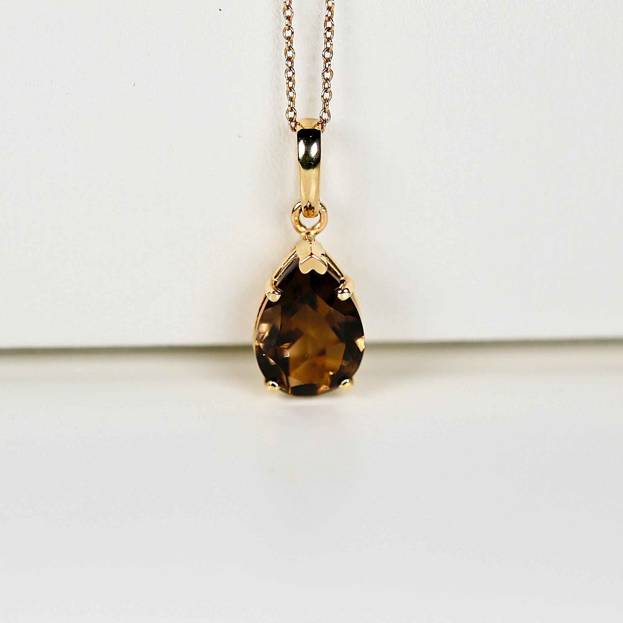 Smokey Quartz Necklace 14k Solid Gold, Pear Cut Smoky Quartz Pendant &amp; 14k Solid Gold Chain, Gift for Wife, Christmas Gift