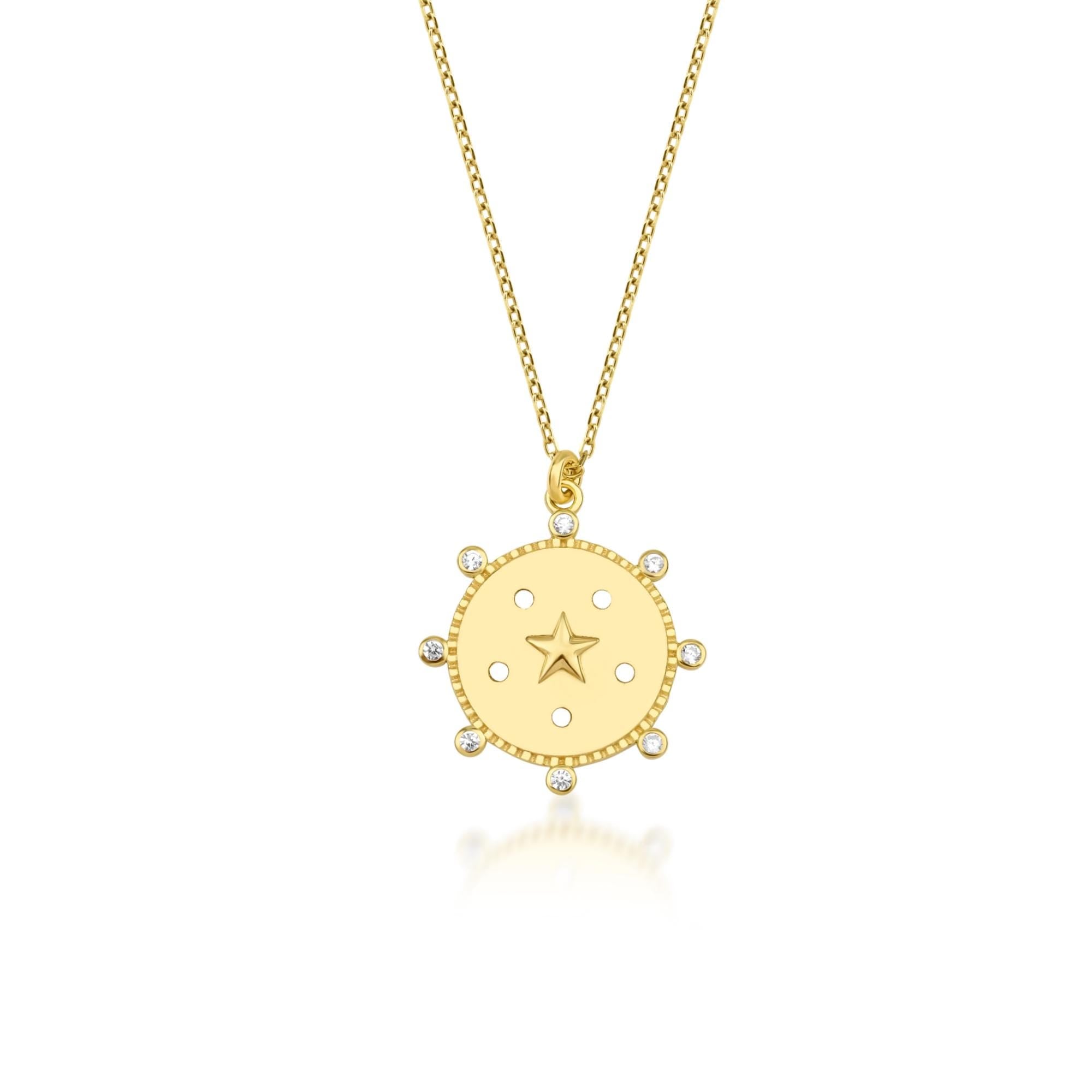 Star Medallion Necklace 14k Gold, Celestial Coin Pendant For Women, Cz Medallion Necklace Solid Gold, Christmas Gift For Her