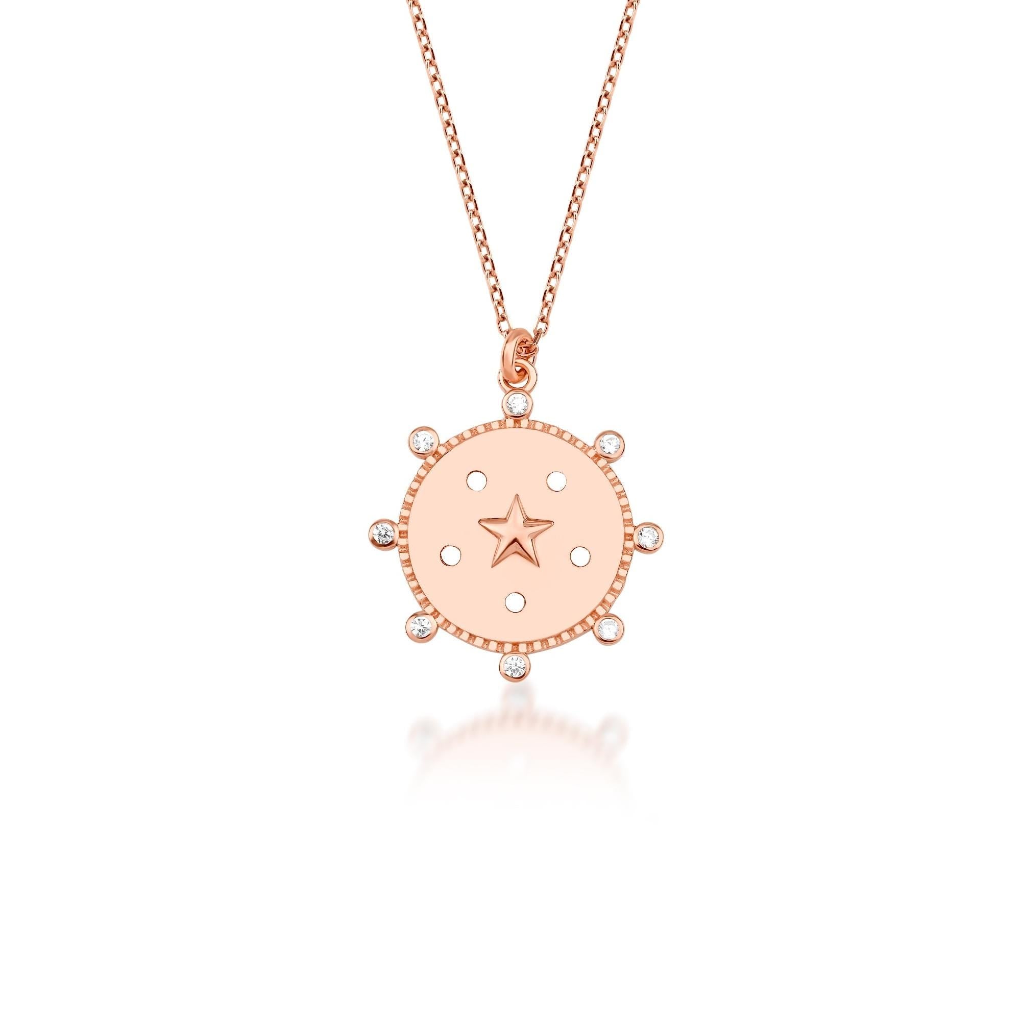 Star Medallion Necklace 14k Gold, Celestial Coin Pendant For Women, Cz Medallion Necklace Solid Gold, Christmas Gift For Her