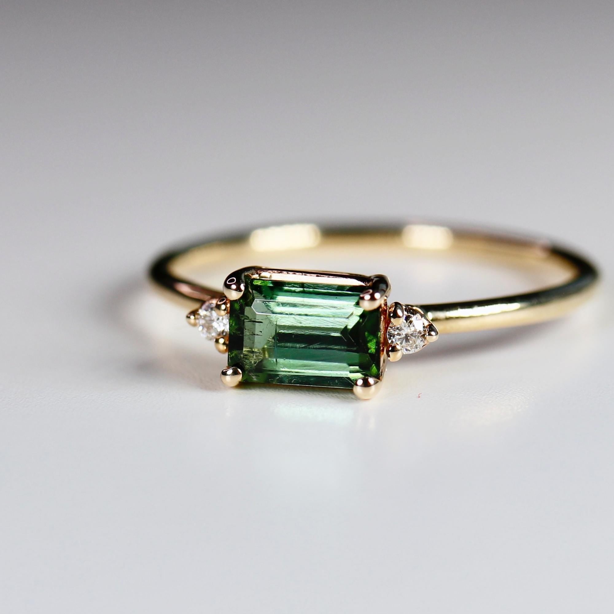 Green Tourmaline Engagement Ring 14k Gold, Diamond and Tourmaline Ring, Minimalist East West Ring, Anniversary Gift, 3 Stones Ring