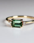 Green Tourmaline Engagement Ring 14k Gold, Diamond and Tourmaline Ring, Minimalist East West Ring, Anniversary Gift, 3 Stones Ring