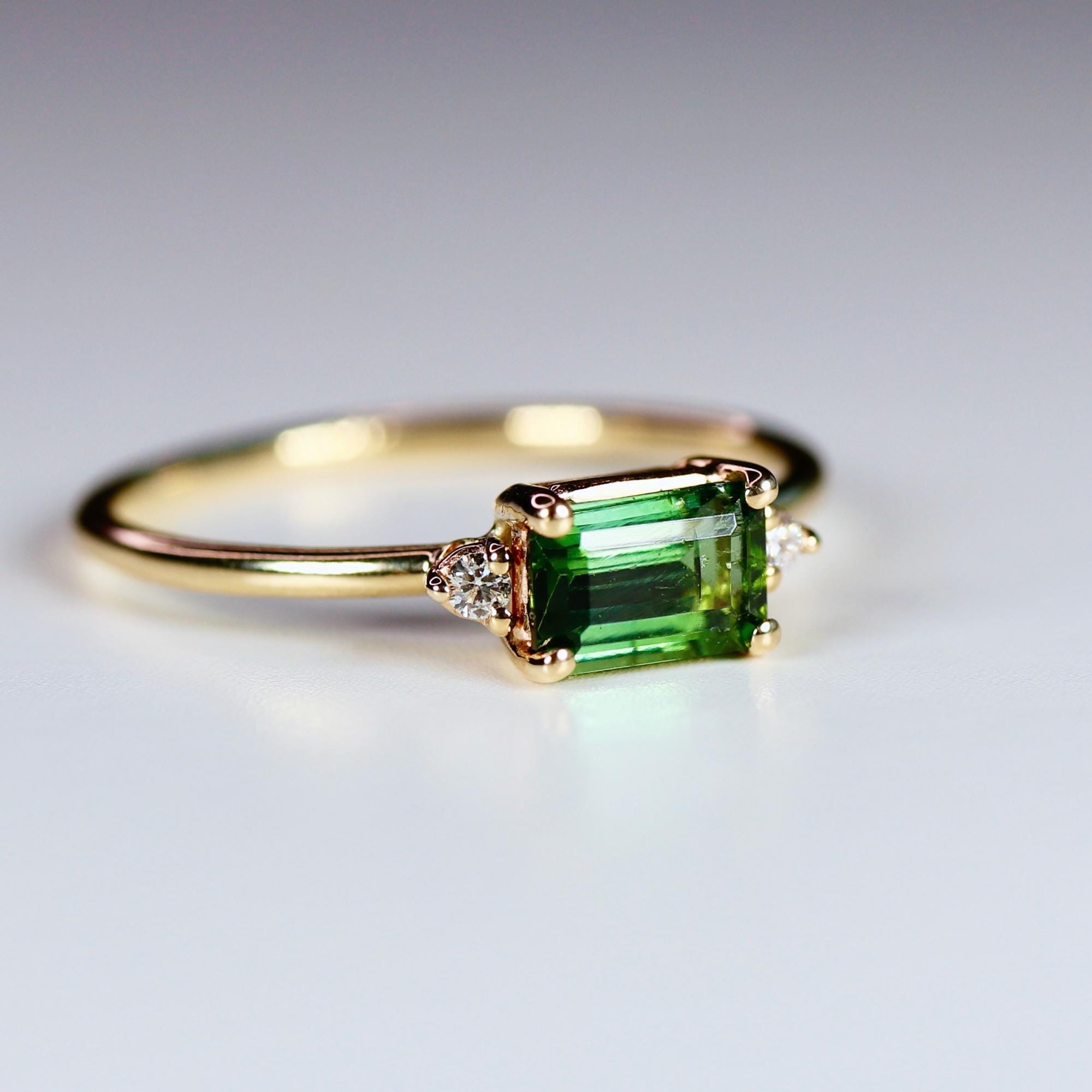 Green Tourmaline Engagement Ring 14k Gold, Diamond and Tourmaline Ring, Minimalist East West Ring, Anniversary Gift, 3 Stones Ring