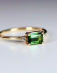 Green Tourmaline Engagement Ring 14k Gold, Diamond and Tourmaline Ring, Minimalist East West Ring, Anniversary Gift, 3 Stones Ring