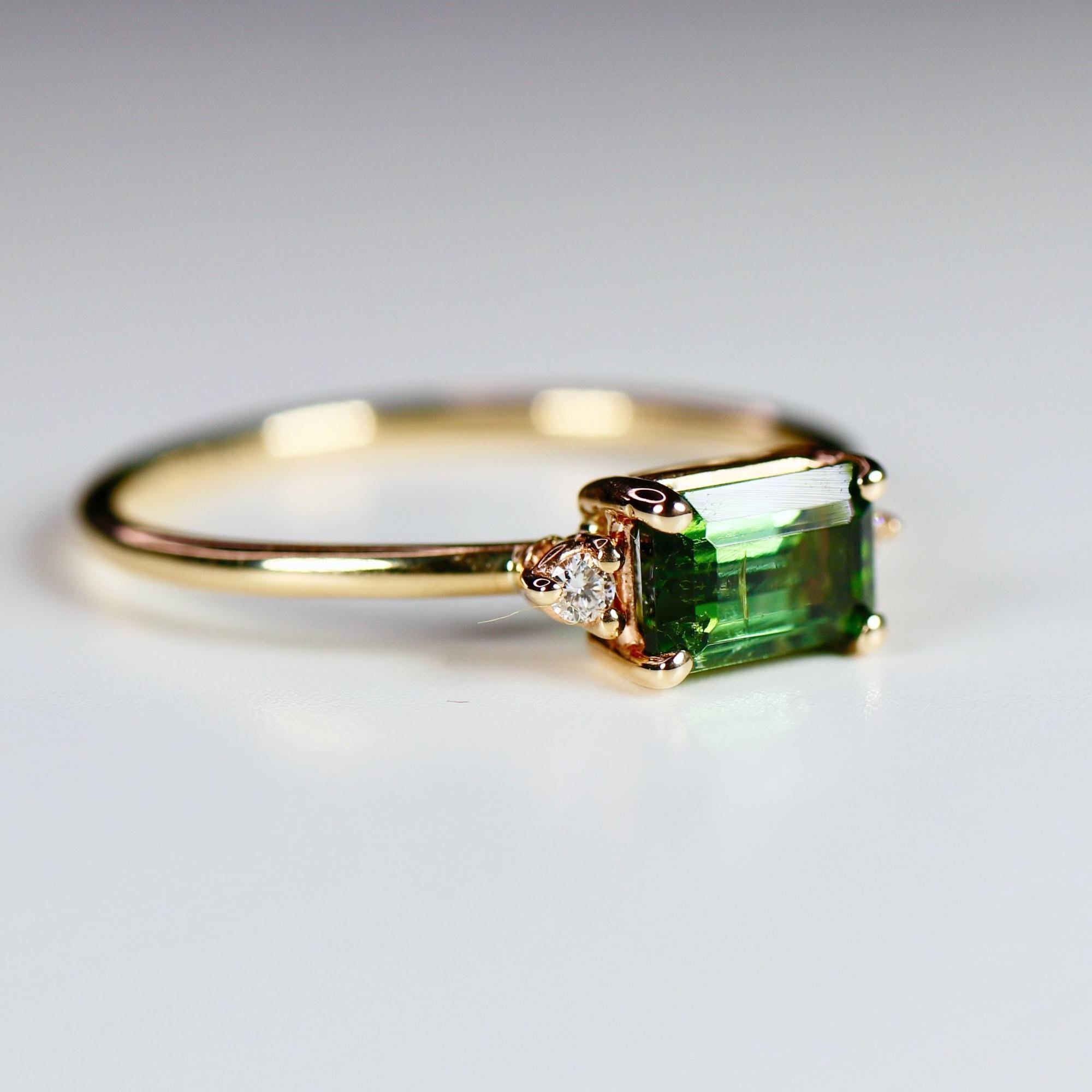 Green Tourmaline Engagement Ring 14k Gold, Diamond and Tourmaline Ring, Minimalist East West Ring, Anniversary Gift, 3 Stones Ring