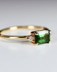 Green Tourmaline Engagement Ring 14k Gold, Diamond and Tourmaline Ring, Minimalist East West Ring, Anniversary Gift, 3 Stones Ring