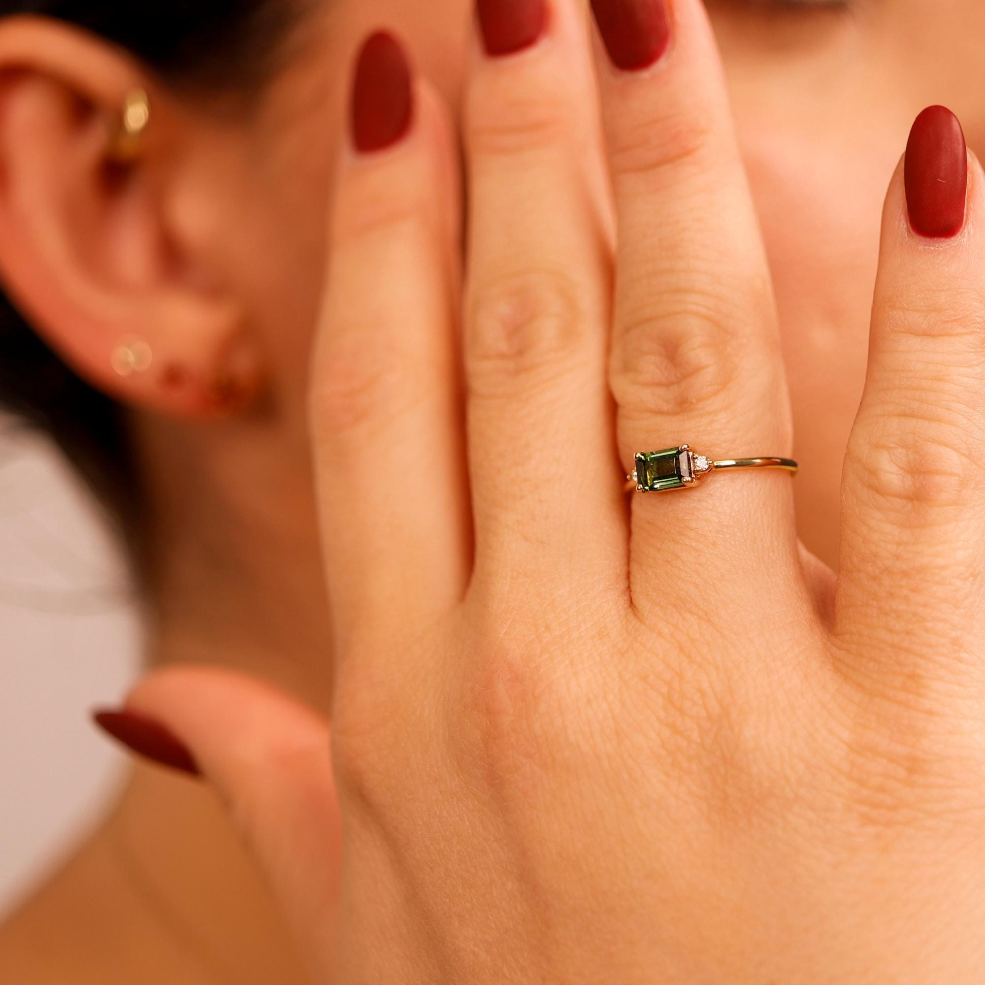 Green Tourmaline Engagement Ring 14k Gold, Diamond and Tourmaline Ring, Minimalist East West Ring, Anniversary Gift, 3 Stones Ring