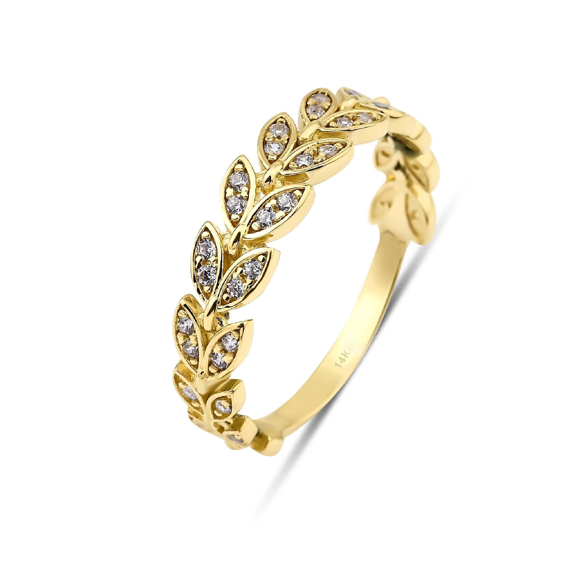 14k Gold Micro Pave Olive Leaf Ring Band, Nature Lover Gift, CZ Stacking Ring, Minimalist 14k Gold Ring Cubic Zirconia, Stacking Leaves Ring