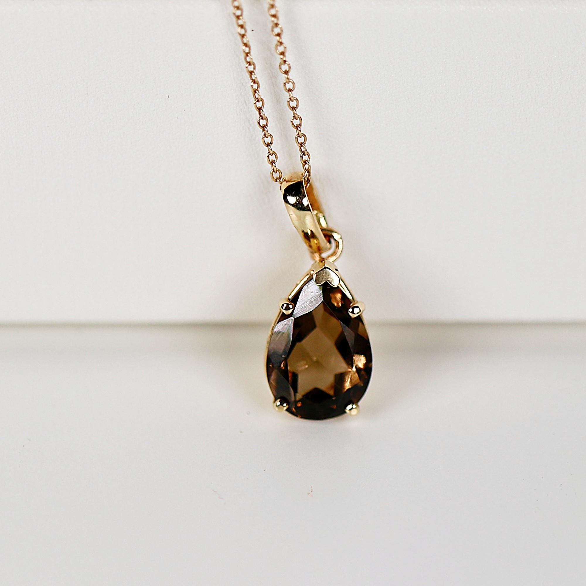 Pear Cut Smokey Quartz Necklace 14k Solid Gold