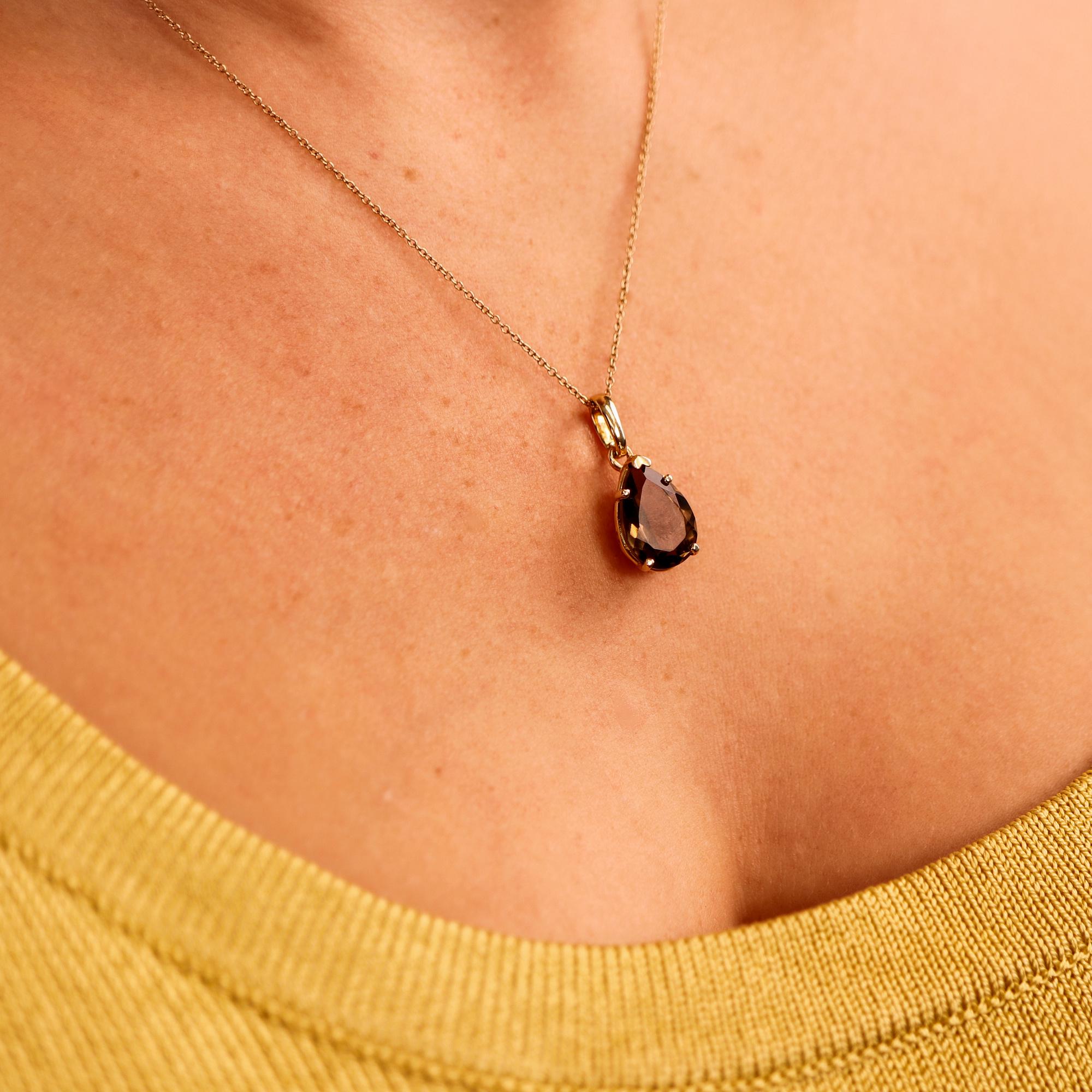 Smokey Quartz Necklace 14k Solid Gold, Pear Cut Smoky Quartz Pendant &amp; 14k Solid Gold Chain, Gift for Wife, Christmas Gift