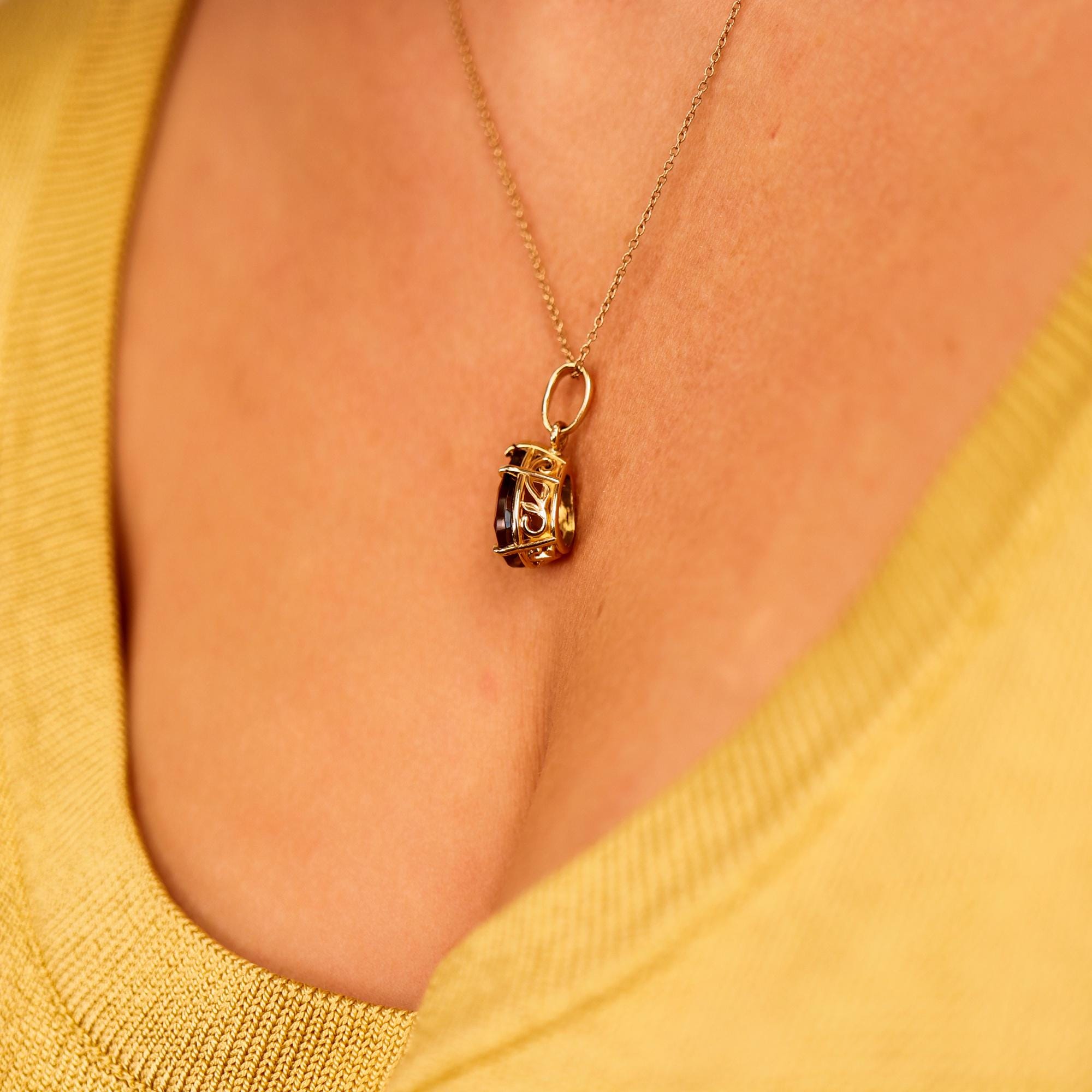 Pear Cut Smokey Quartz Necklace 14k Solid Gold