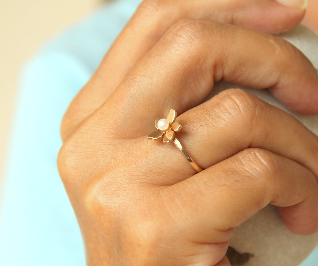 Floral Pearl Ring 14k Solid Gold, Unique Handmade Flower Engagement Ring - Melt'm Jewelry