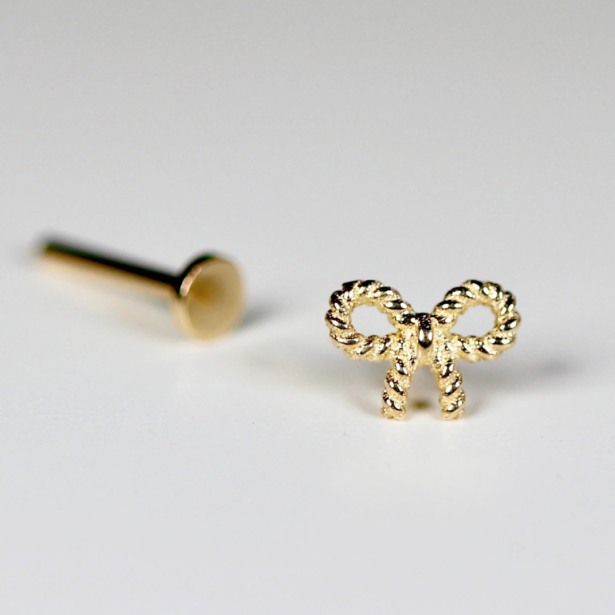 Dainty Bow Tie Internally Threaded Flat Back Earrings 14k Solid Gold, Tiny Twisted Bow Ribbon Piercing Studs, Tragus Stud, Christmas Gift