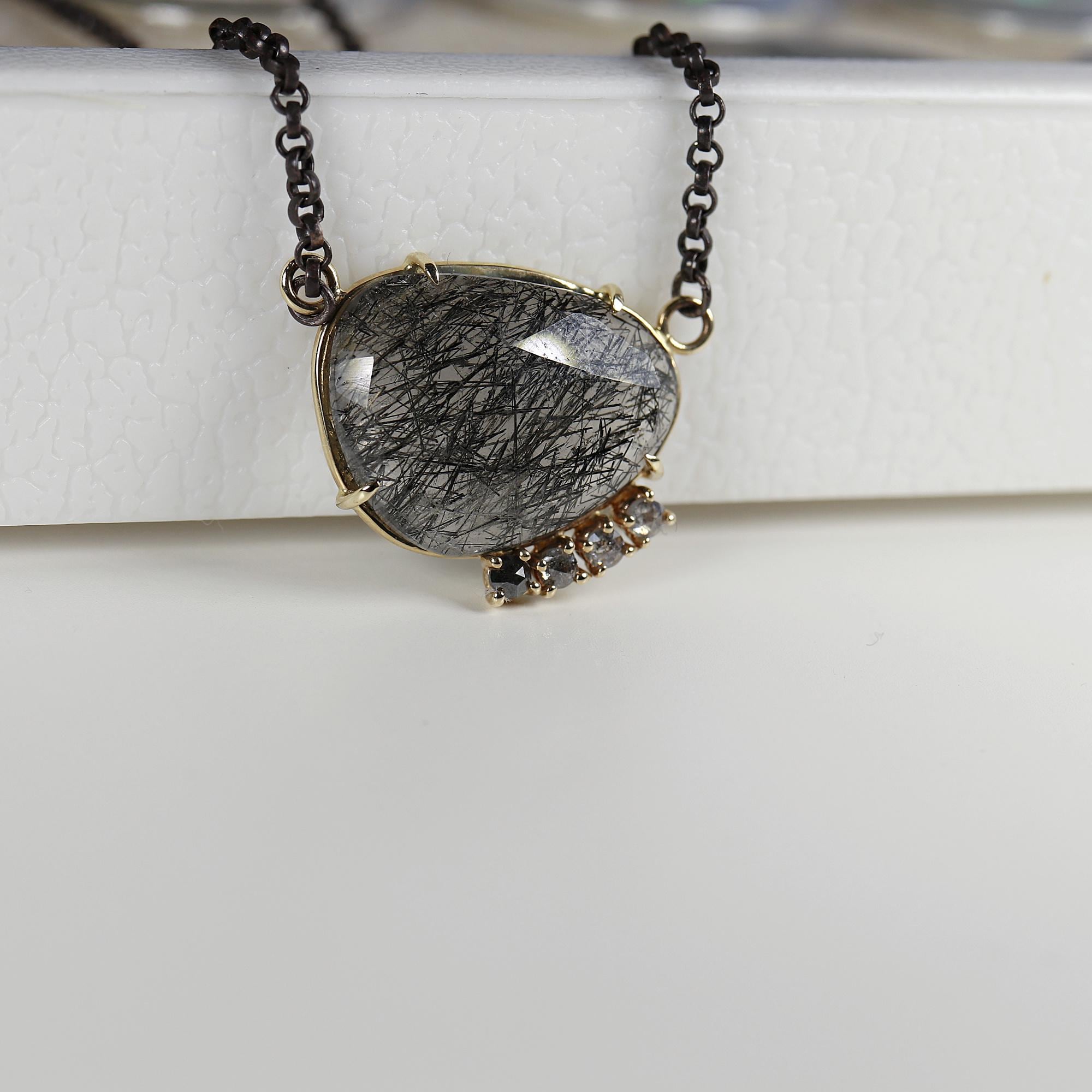 Black Rutilated Quartz Necklace 14k Gold