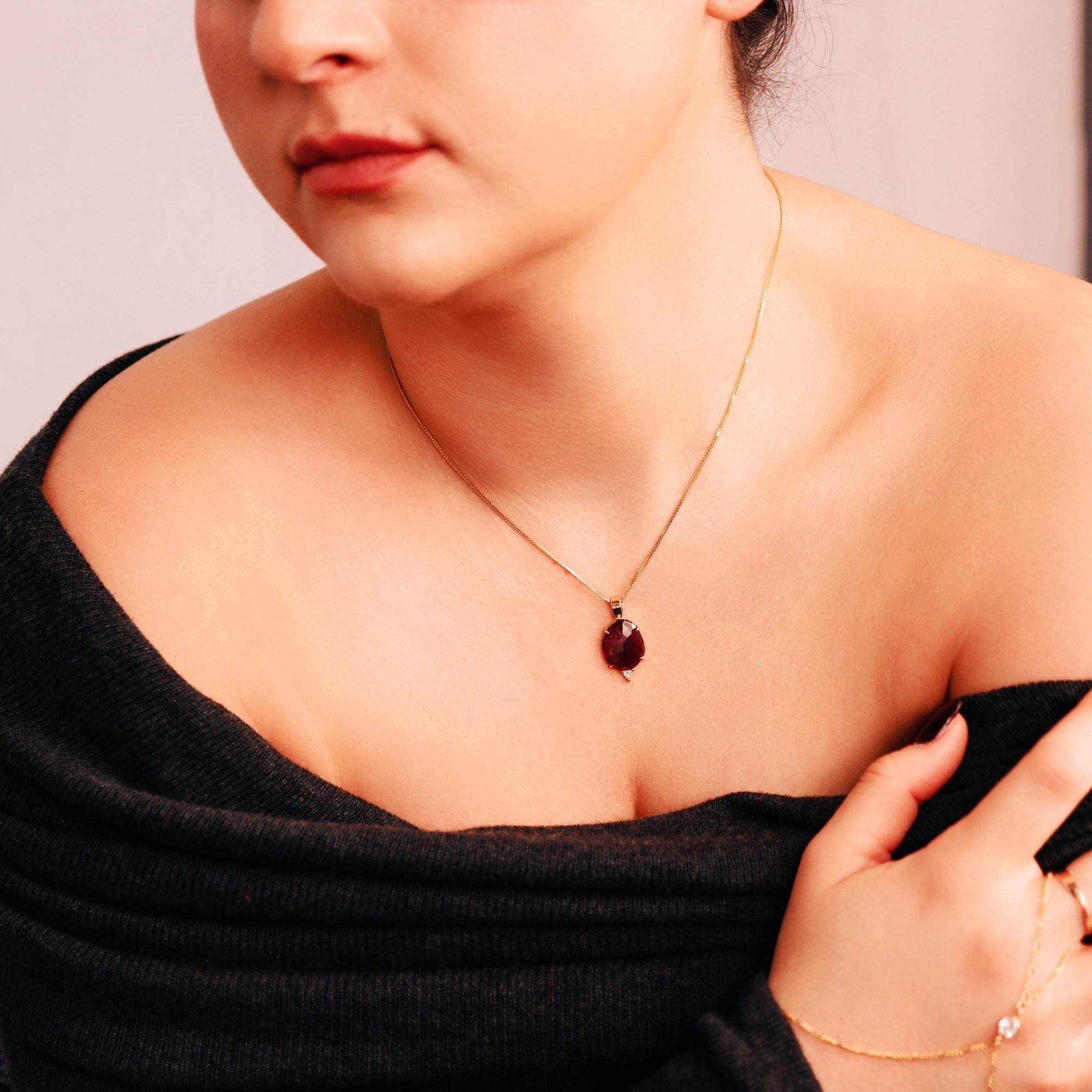 Pink Tourmaline Necklace 14k Gold, Rose Cut Tourmaline and Triangle Diamond Pendant - Melt'm Jewelry