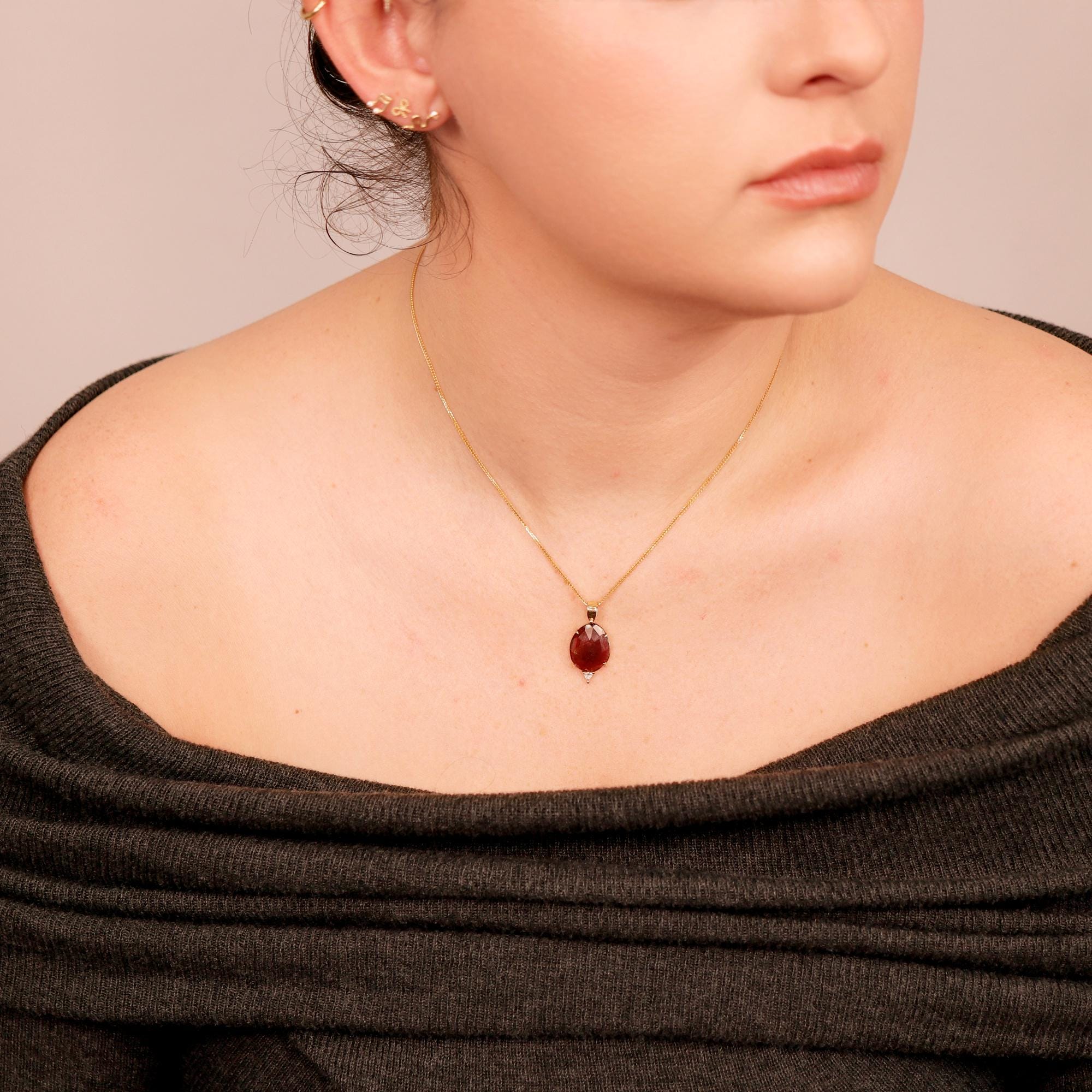 Pink Tourmaline Necklace 14k Gold, Rose Cut Tourmaline and Triangle Diamond Pendant - Melt'm Jewelry
