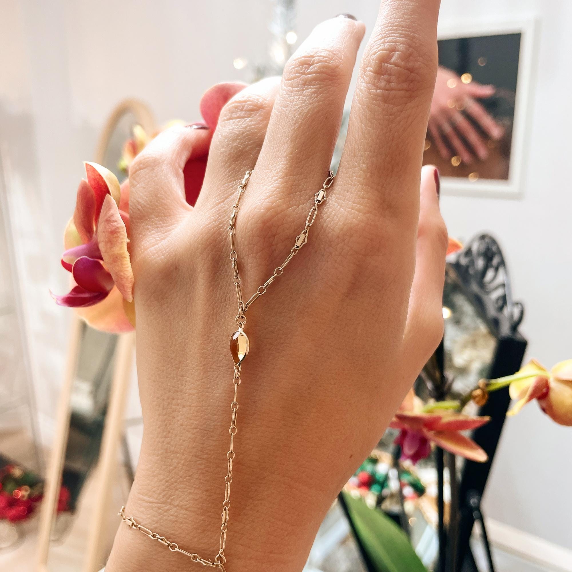 Gold Slave Bracelet, Hand Chain, Hand Ring, Gold Handlet Bracelet, Gemstone Hand Chain