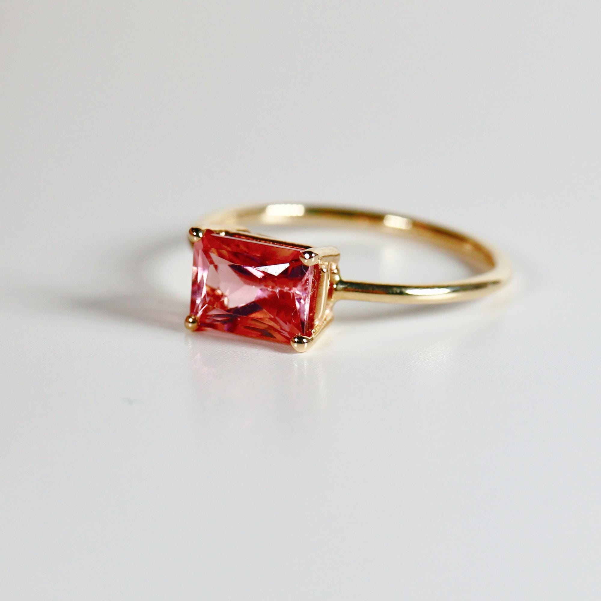 East West Pink Tourmaline Ring 14k Gold, Emerald Cut Tourmaline Engagement Ring, Handmade Unique Tourmaline Promise Ring, Valentine Gift