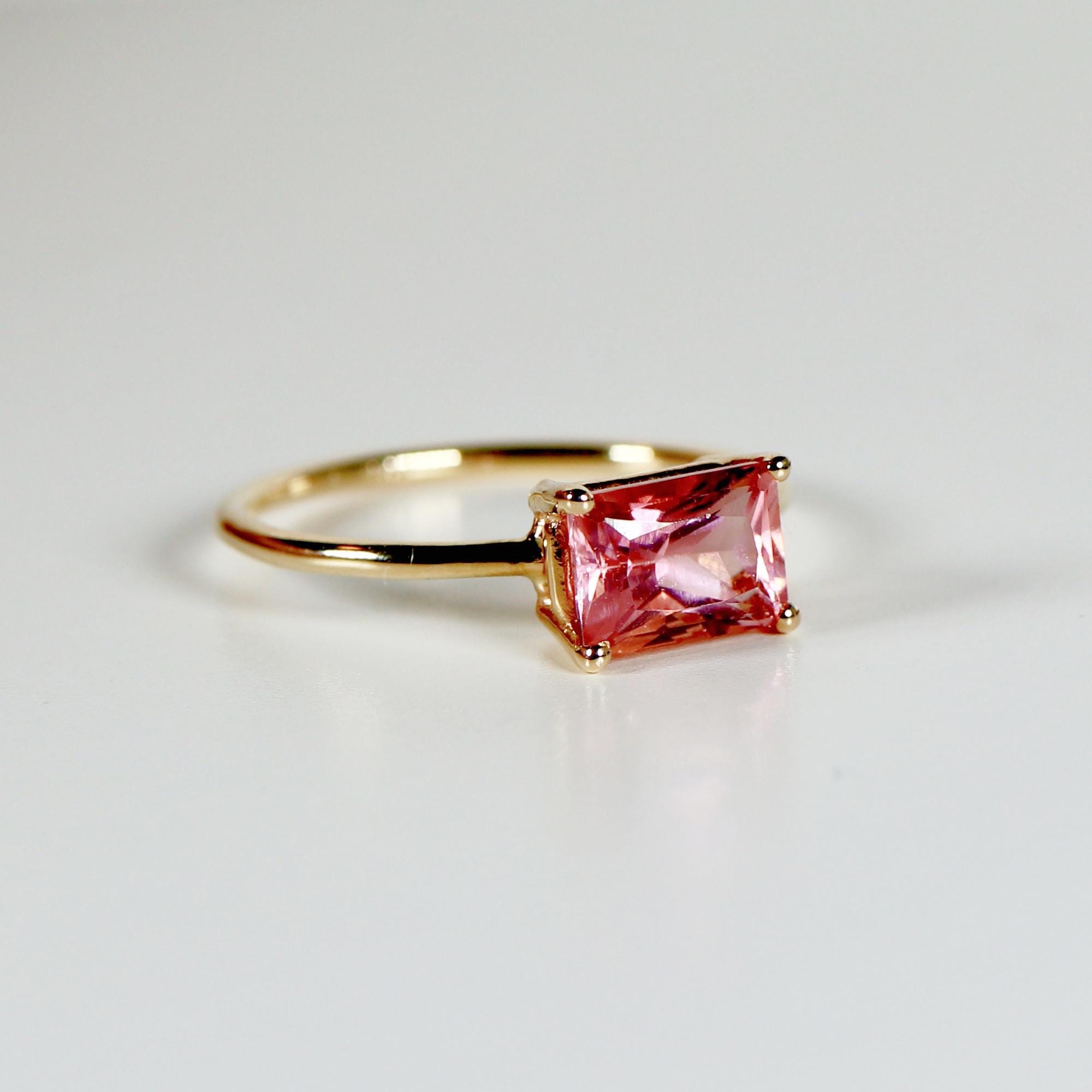 East West Pink Tourmaline Ring 14k Gold, Emerald Cut Tourmaline Engagement Ring, Handmade Unique Tourmaline Promise Ring, Valentine Gift