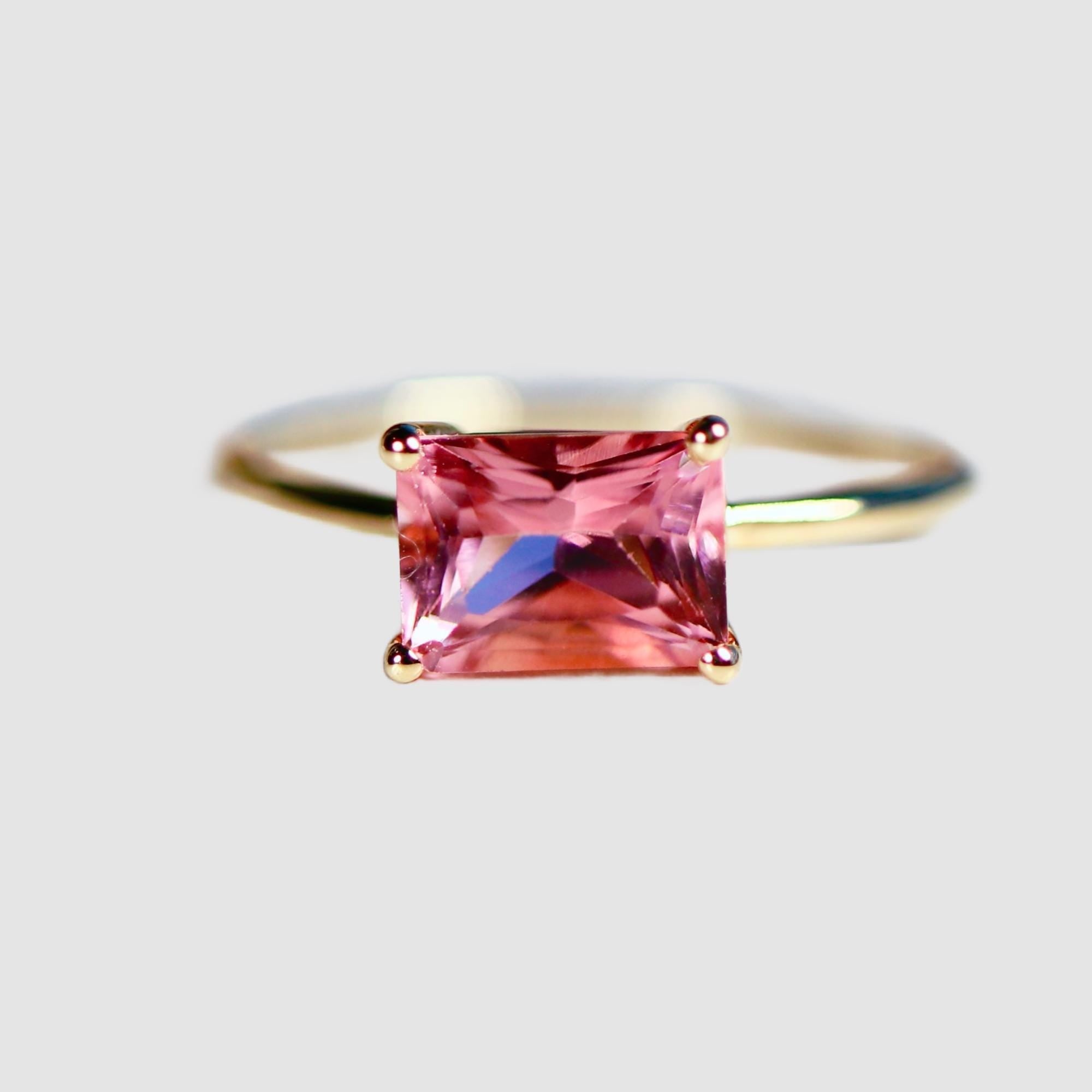 East West Pink Tourmaline Ring 14k Gold, Emerald Cut Tourmaline Engagement Ring, Handmade Unique Tourmaline Promise Ring, Valentine Gift