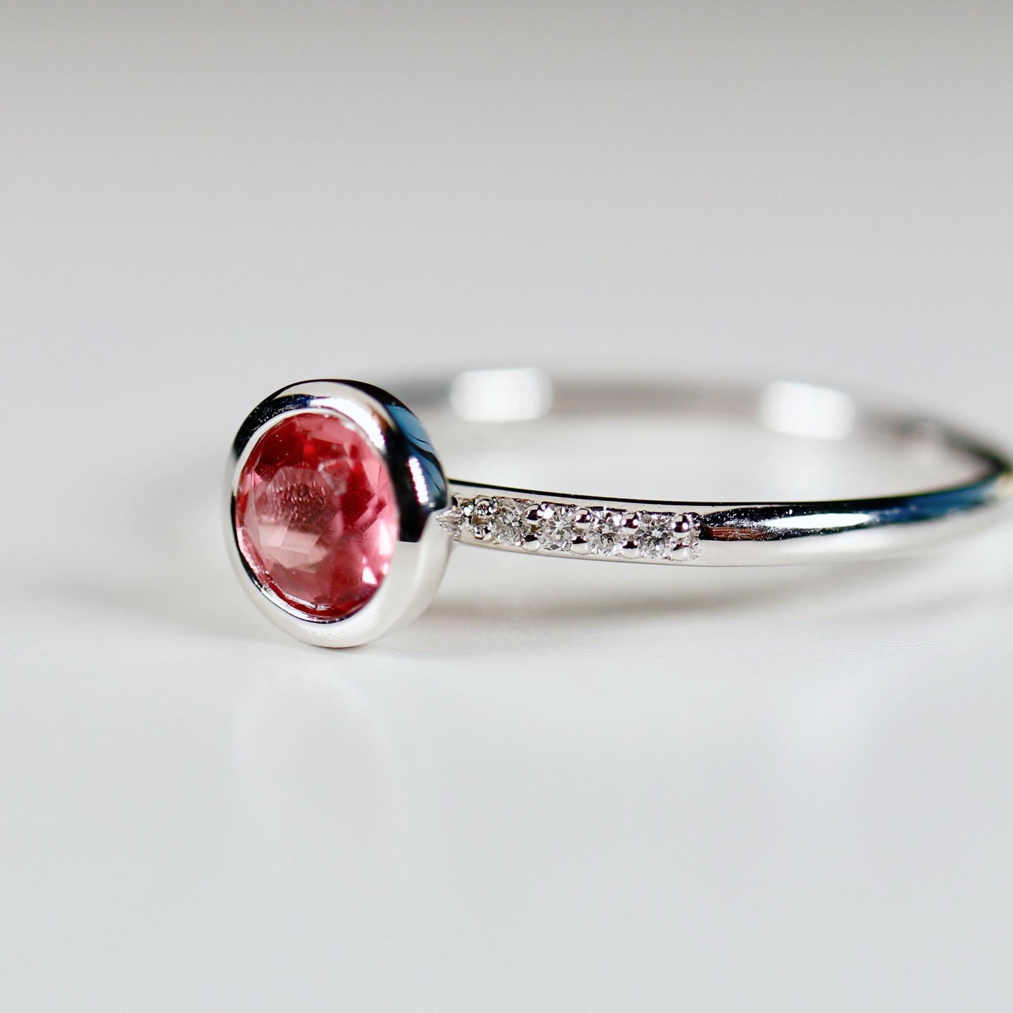 Dainty Pink Tourmaline Ring, 14k Solid Gold Blush Solitaire Ring With Diamonds - Melt'm Jewelry
