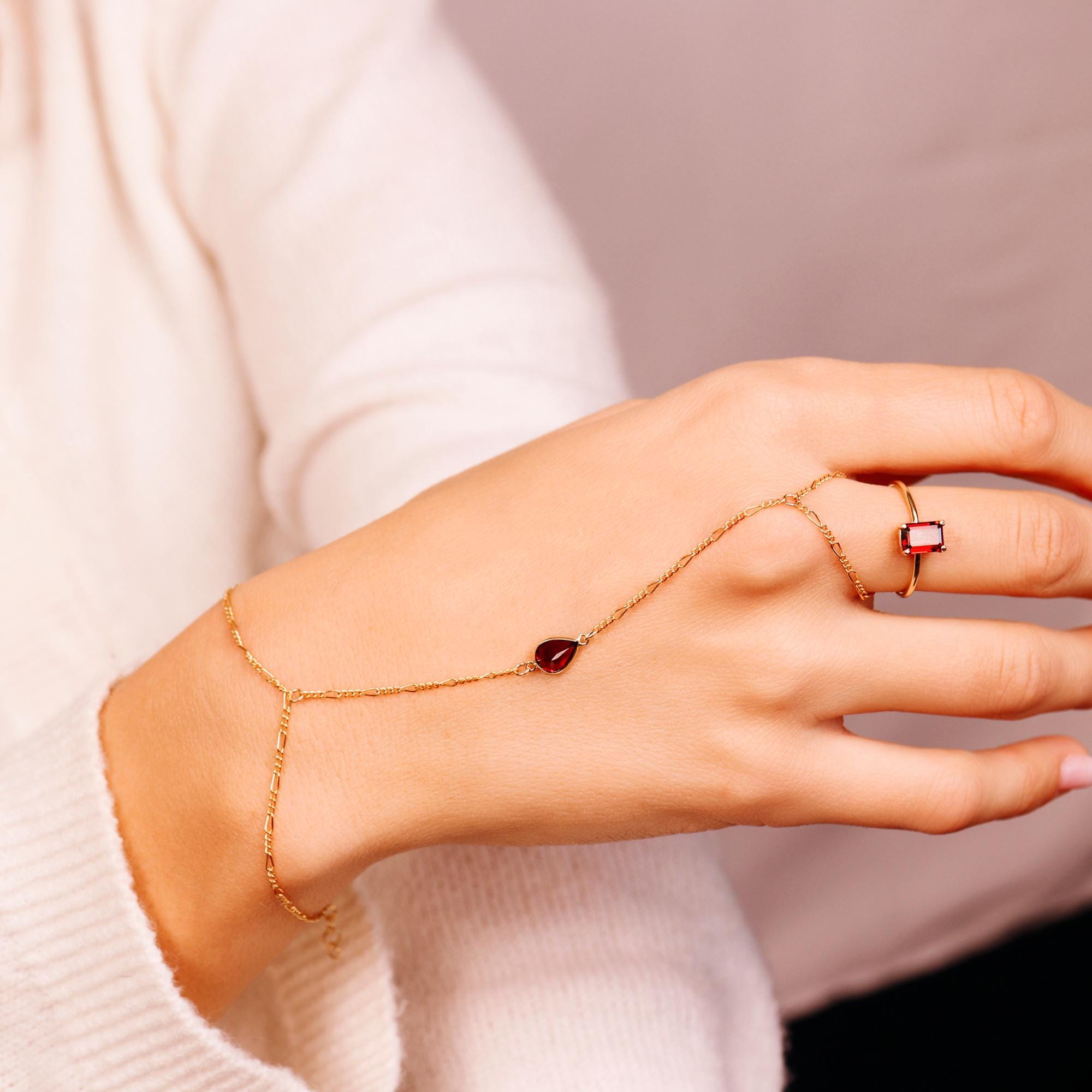 Pear Garnet Hand Chain Ring - Gold Slave Bracelet - Melt'm Jewelry