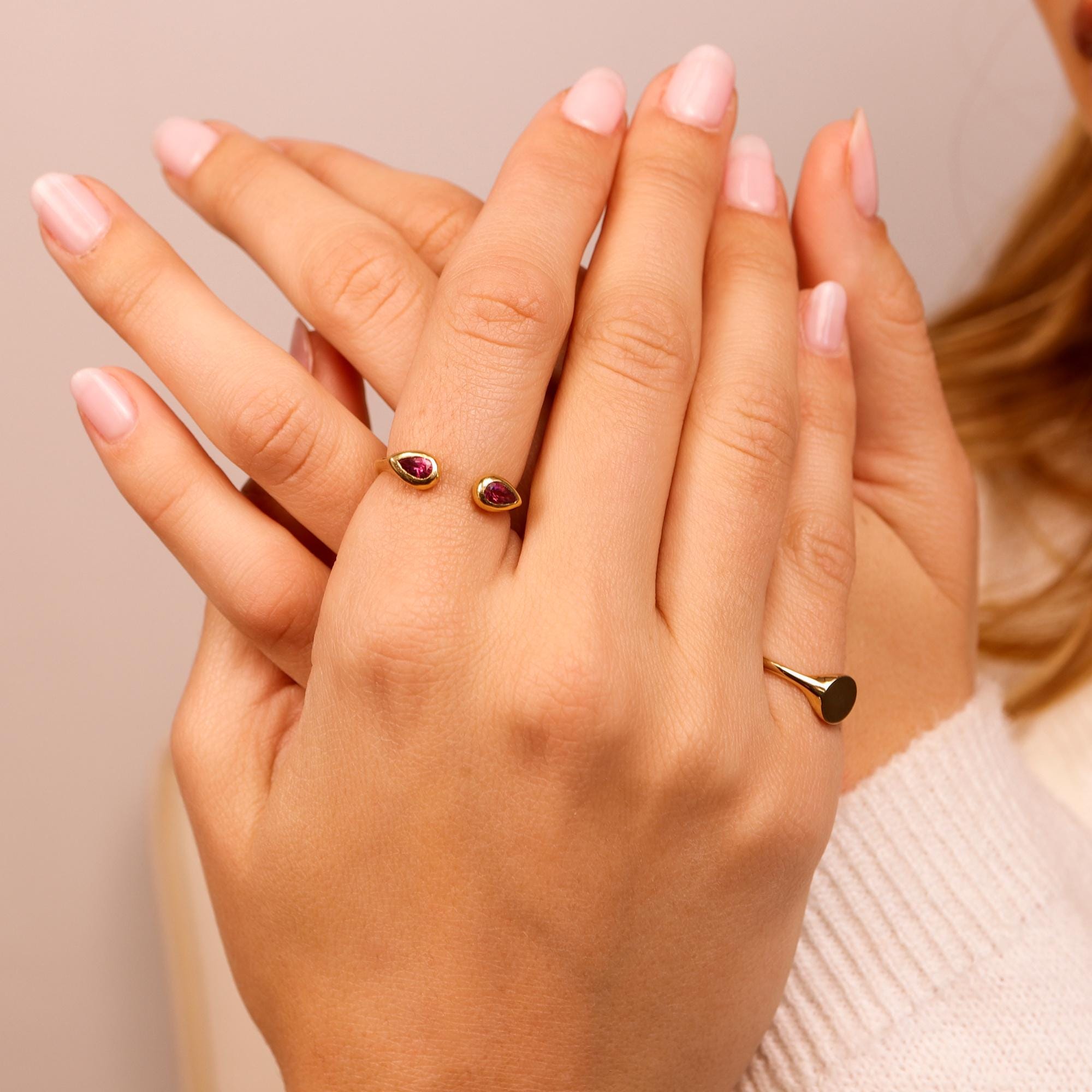 18k Solid Gold Pink Tourmaline Open Cuff Ring - Melt'm Jewelry