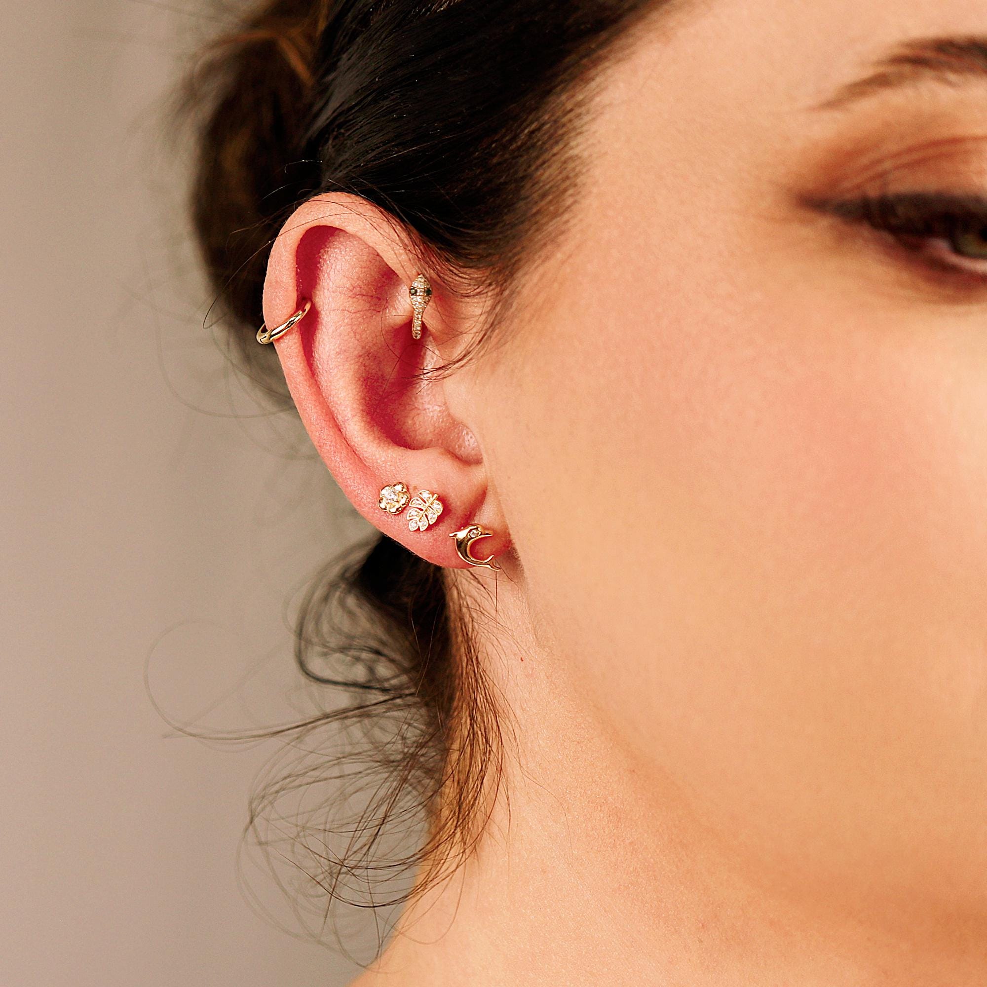 Monstera Leaf Cz Flat Back Earrings 14k Solid Gold - Melt'm Jewelry