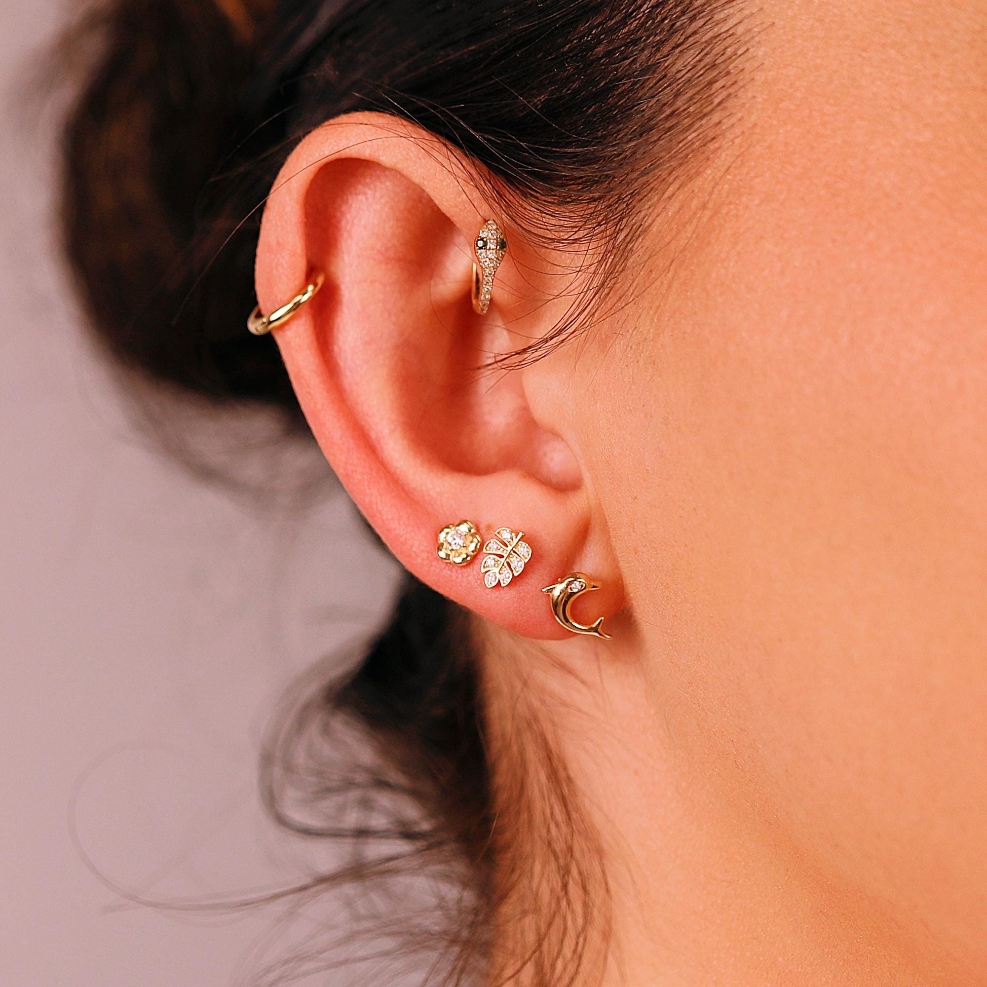 Monstera Leaf Cz Flat Back Earrings 14k Solid Gold - Melt'm Jewelry