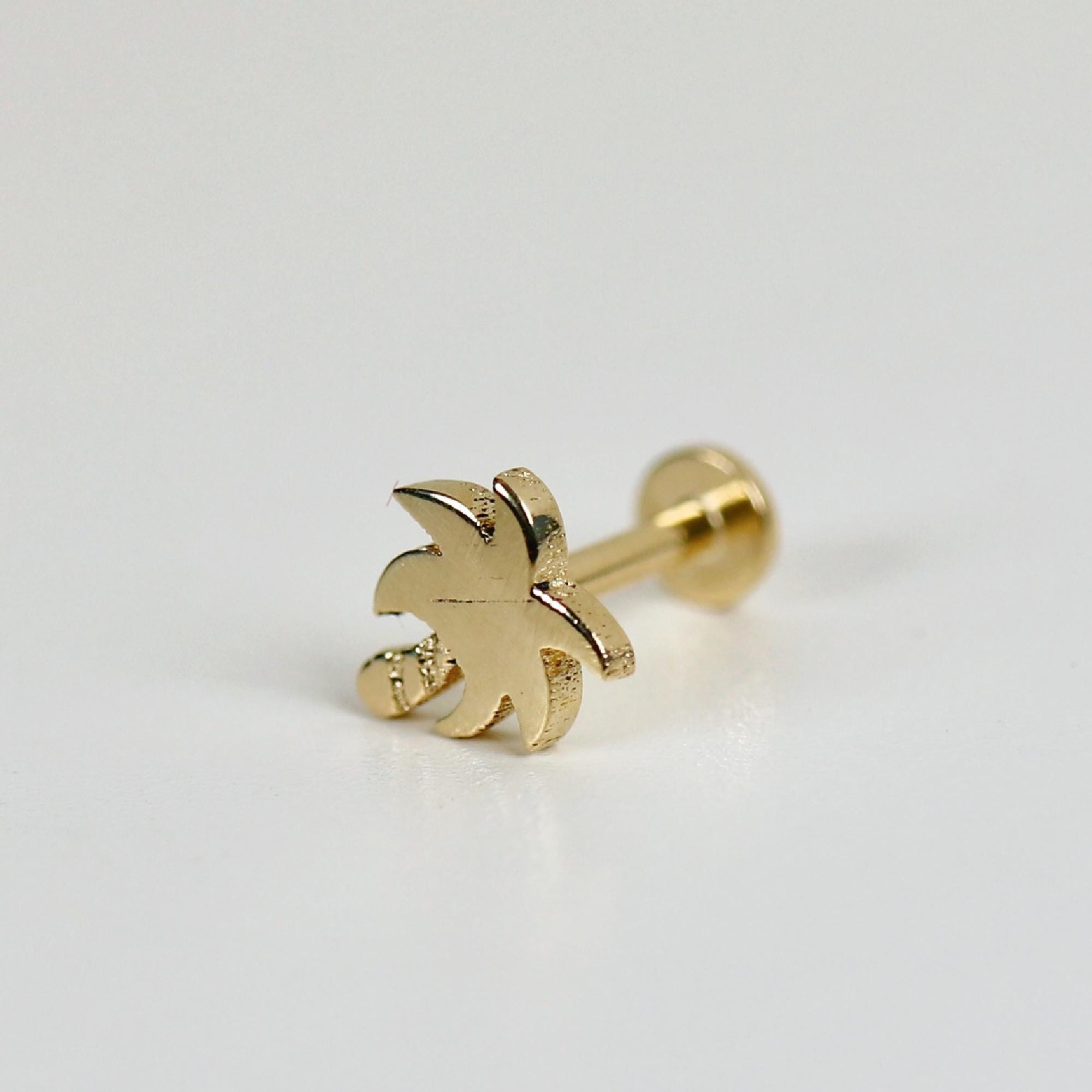 Tiny Palm Tree Flat Back Earrings 14k Solid Gold, Stack Earrings, Internally Threaded Earrings, Cartilage Piercing, Valentines Gift for Her