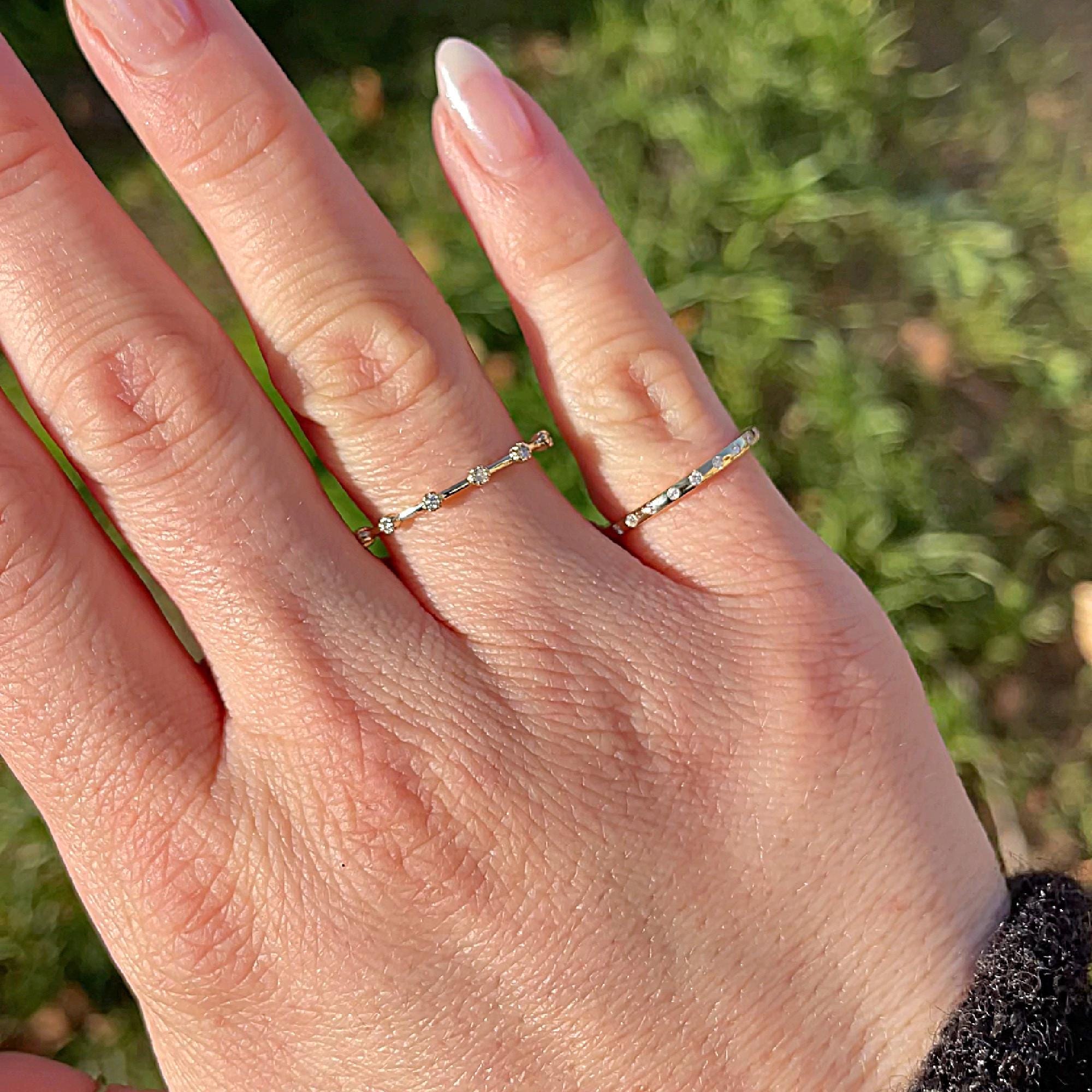 Dainty Diamond Ring 14k Solid Gold – Milgrain Bezel Set 6 Diamond Minimalist Stacking Dot Ring Gift for Her