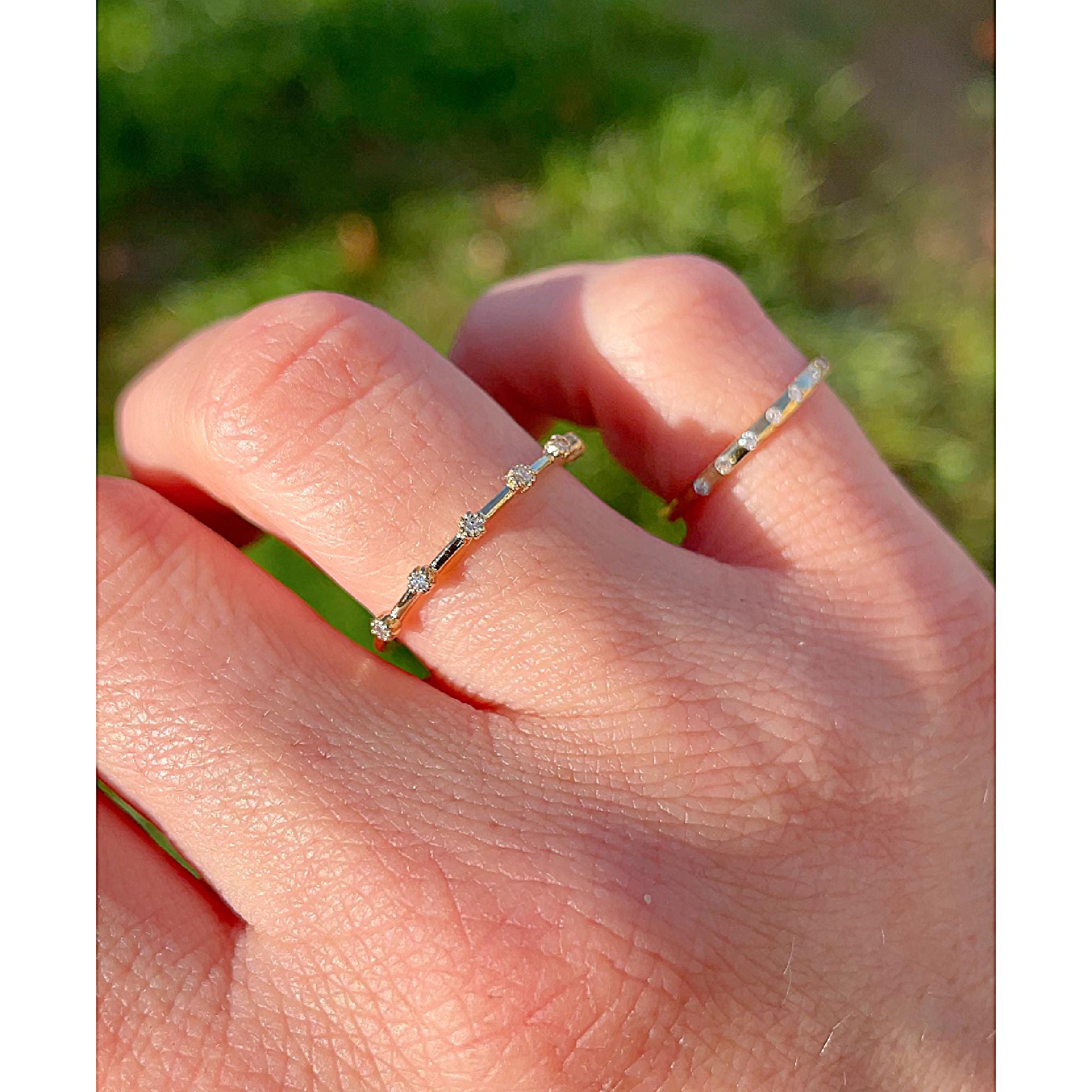Dainty Diamond Ring 14k Solid Gold – Milgrain Bezel Set 6 Diamond Minimalist Stacking Dot Ring Gift for Her - Melt'm Jewelry