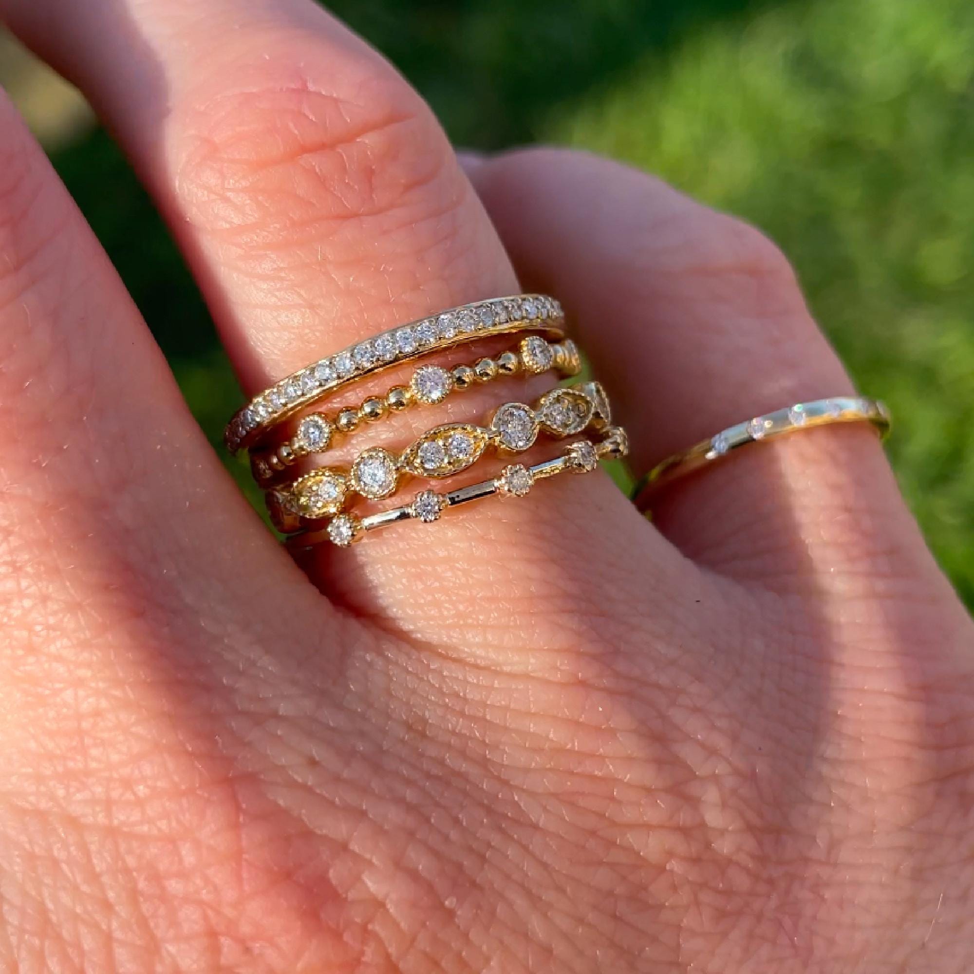 Dainty Diamond Ring 14k Solid Gold – Milgrain Bezel Set 6 Diamond Minimalist Stacking Dot Ring Gift for Her - Melt'm Jewelry