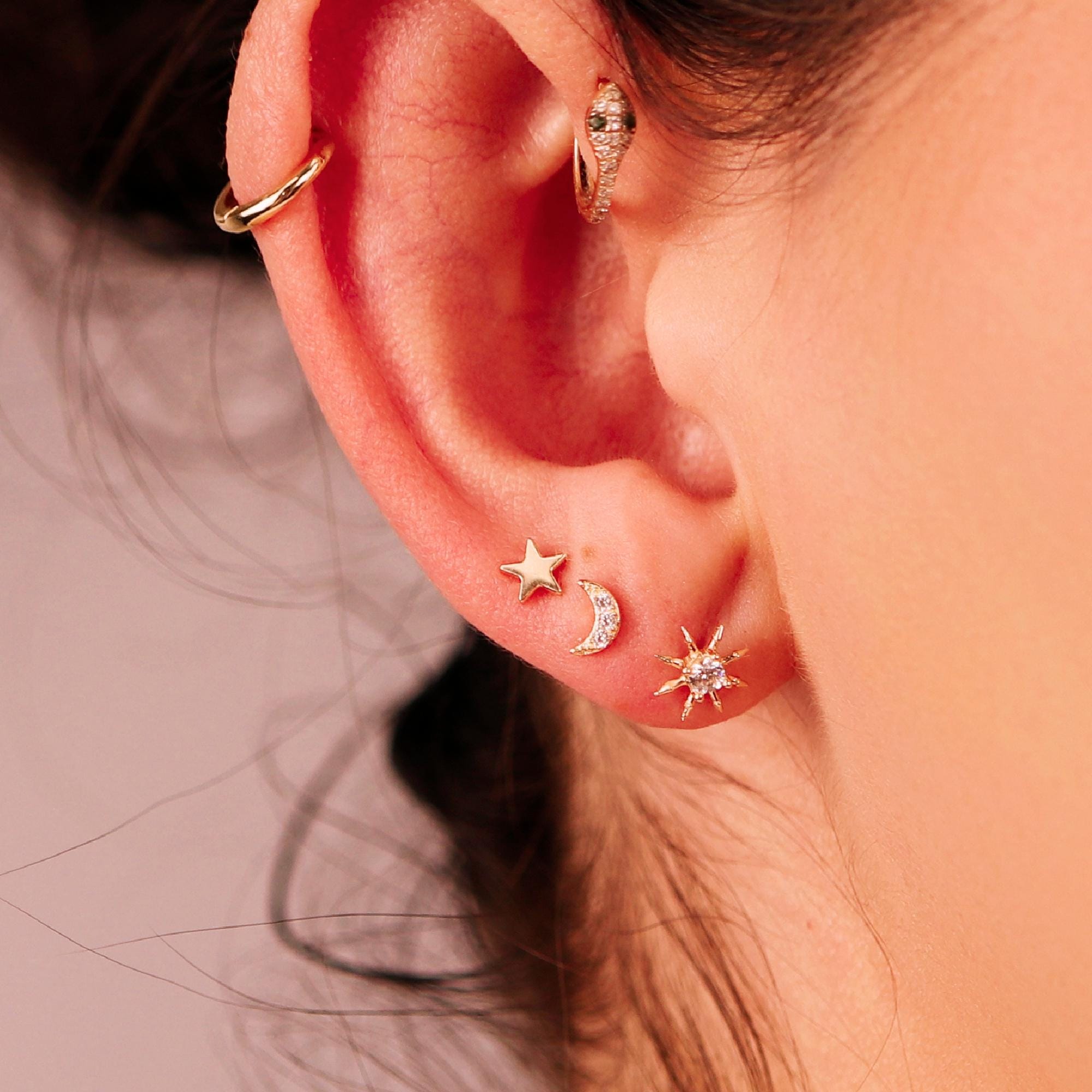 CZ Simulated Diamonds Moon Earrings 14k Solid Gold, Internally Threaded Flat Back Earrings - Melt'm Jewelry