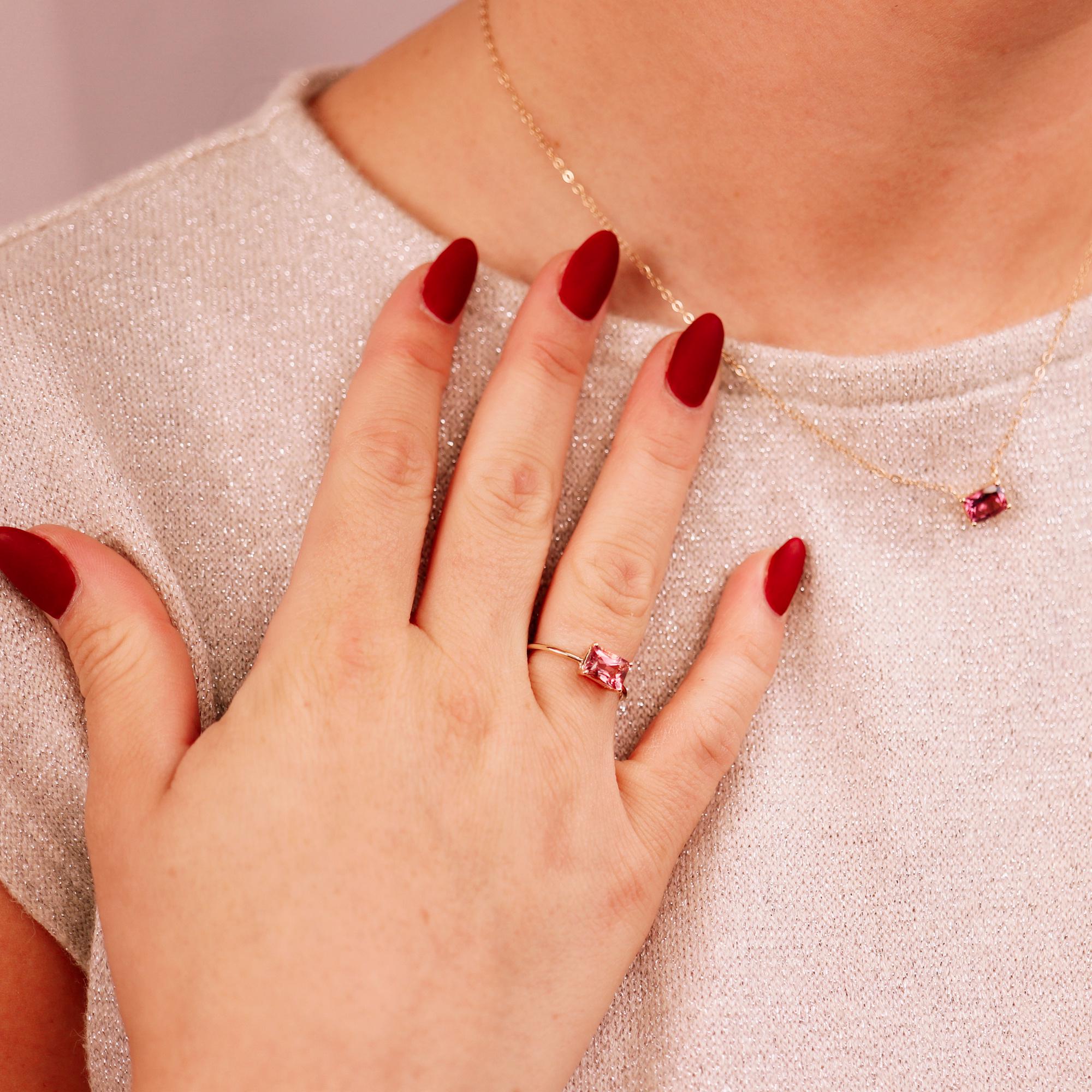 East West Pink Tourmaline Ring 14k Gold, Emerald Cut Tourmaline Engagement Ring, Handmade Unique Tourmaline Promise Ring, Valentine Gift