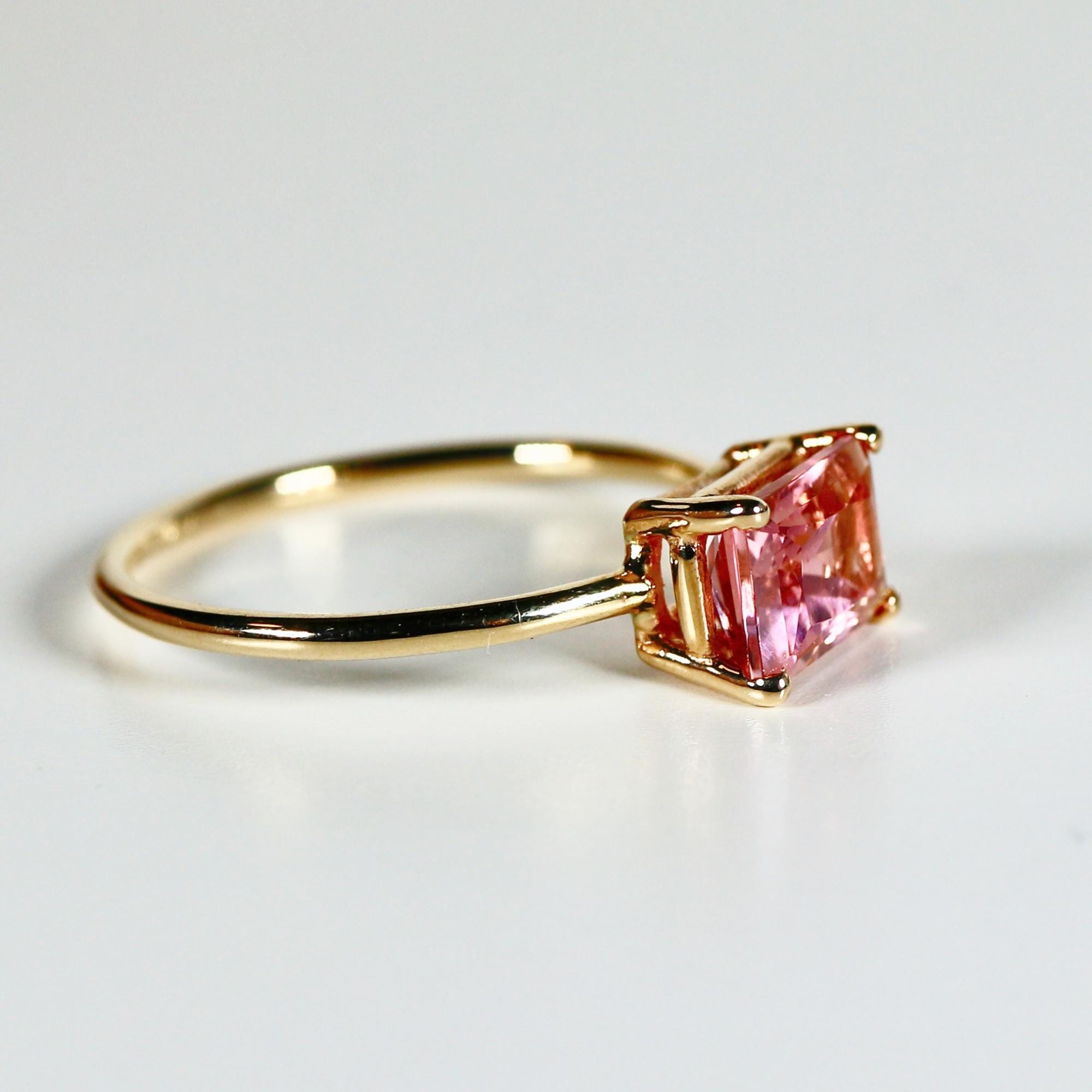 East West Pink Tourmaline Ring 14k Gold, Emerald Cut Tourmaline Engagement Ring, Handmade Unique Tourmaline Promise Ring, Valentine Gift