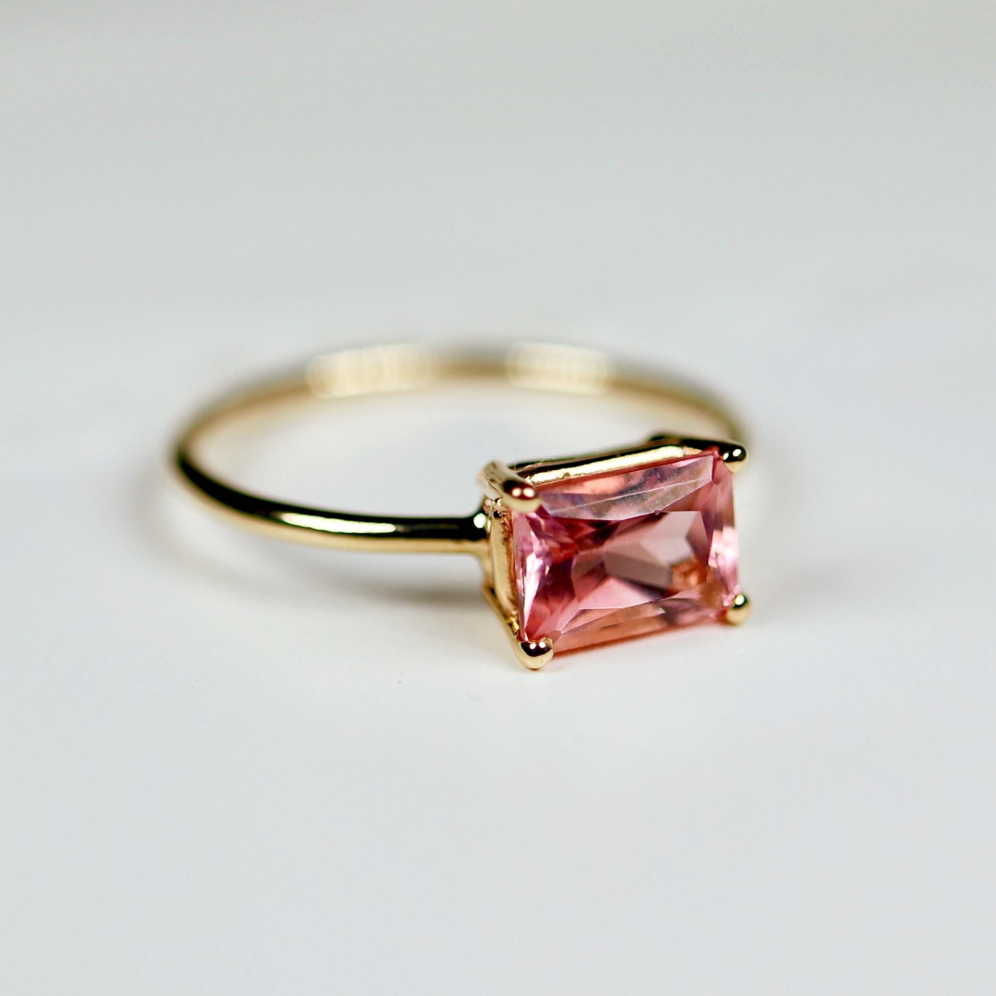 East West Pink Tourmaline Ring 14k Gold, Emerald Cut Tourmaline Engagement Ring, Handmade Unique Tourmaline Promise Ring, Valentine Gift