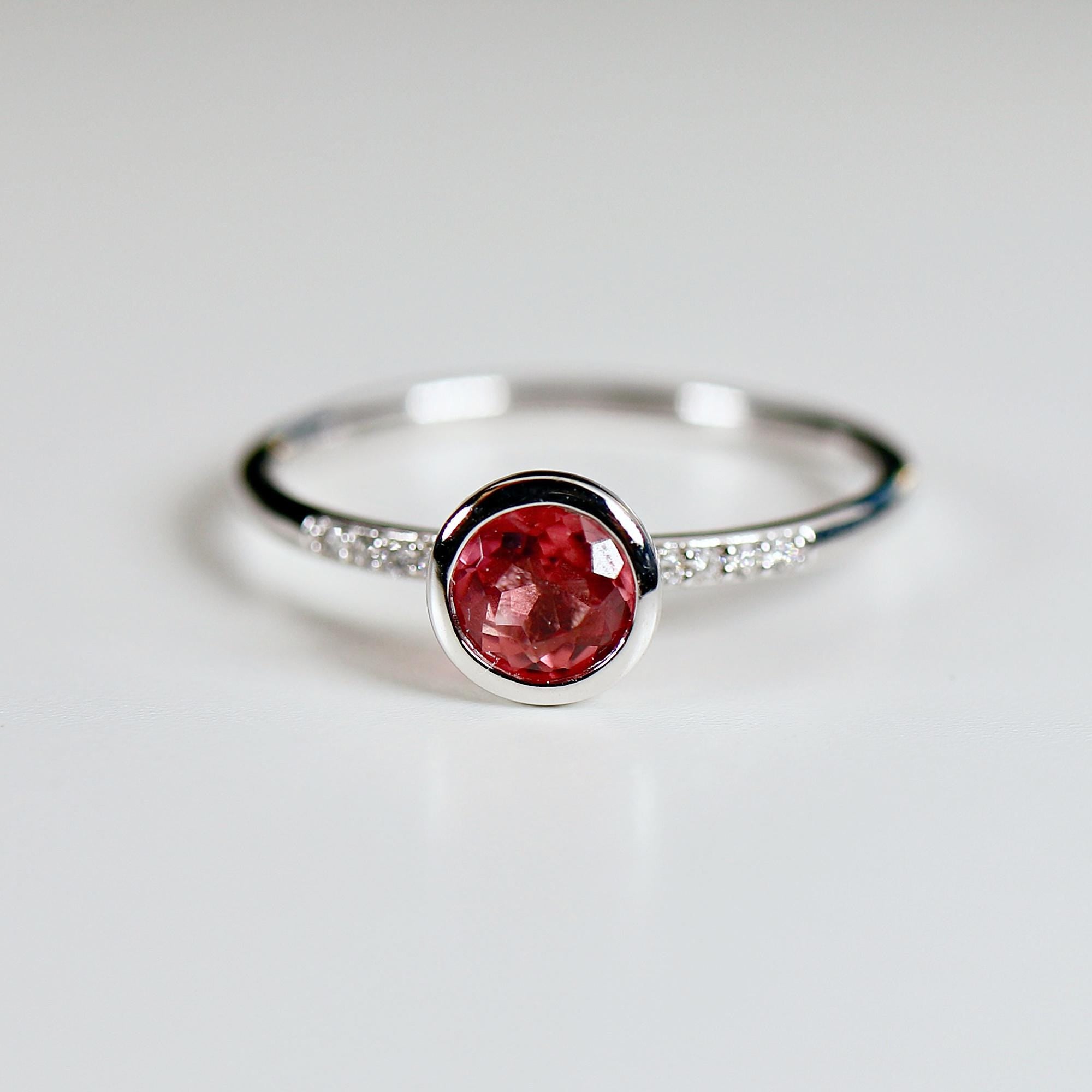 Dainty Pink Tourmaline Ring, 14k Solid Gold Blush Solitaire Ring With Diamonds - Melt'm Jewelry