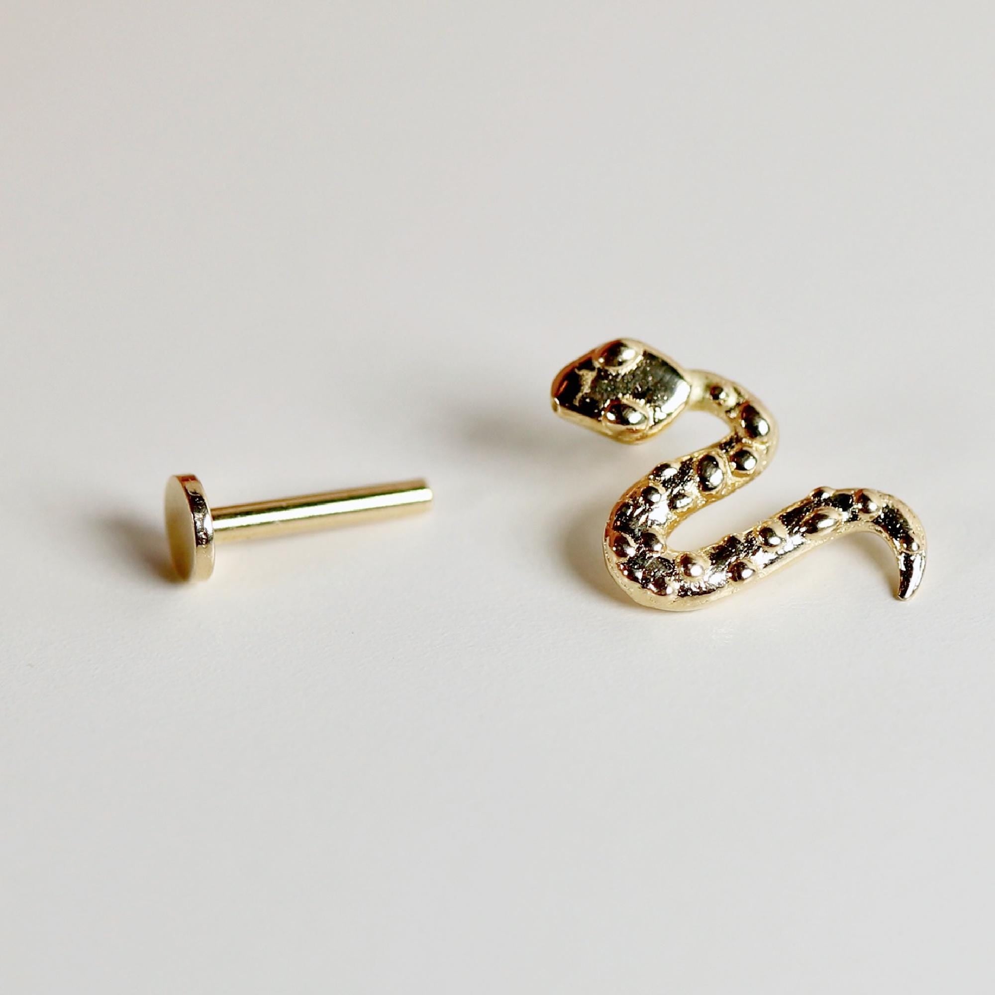 Snake Flat Back Earrings 14k Solid Gold, Serpent Stack Earrings, Internally Threaded Earrings, Tragus Stud Piercing, Valentines Gift for Her