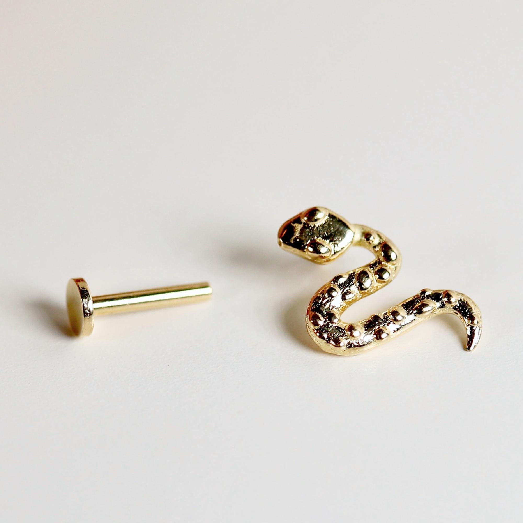 Snake Flat Back Earrings 14k Solid Gold, Serpent Stack Earrings, Internally Threaded Earrings, Tragus Stud Piercing, Valentines Gift for Her