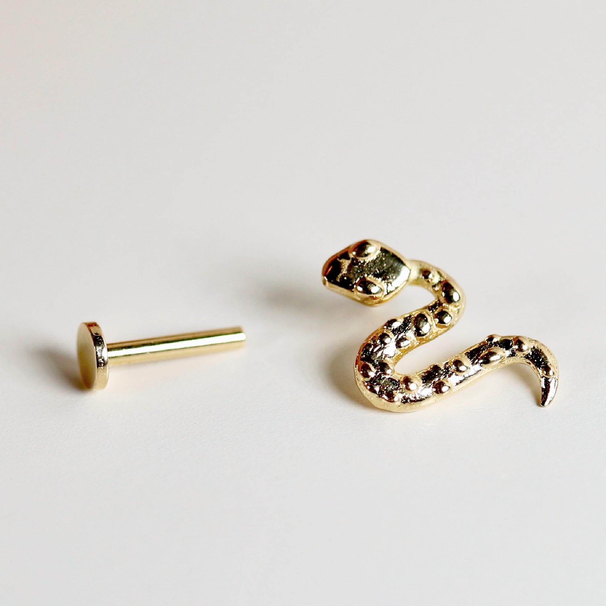 Snake Flat Back Earrings 14k Solid Gold, Serpent Stack Earrings