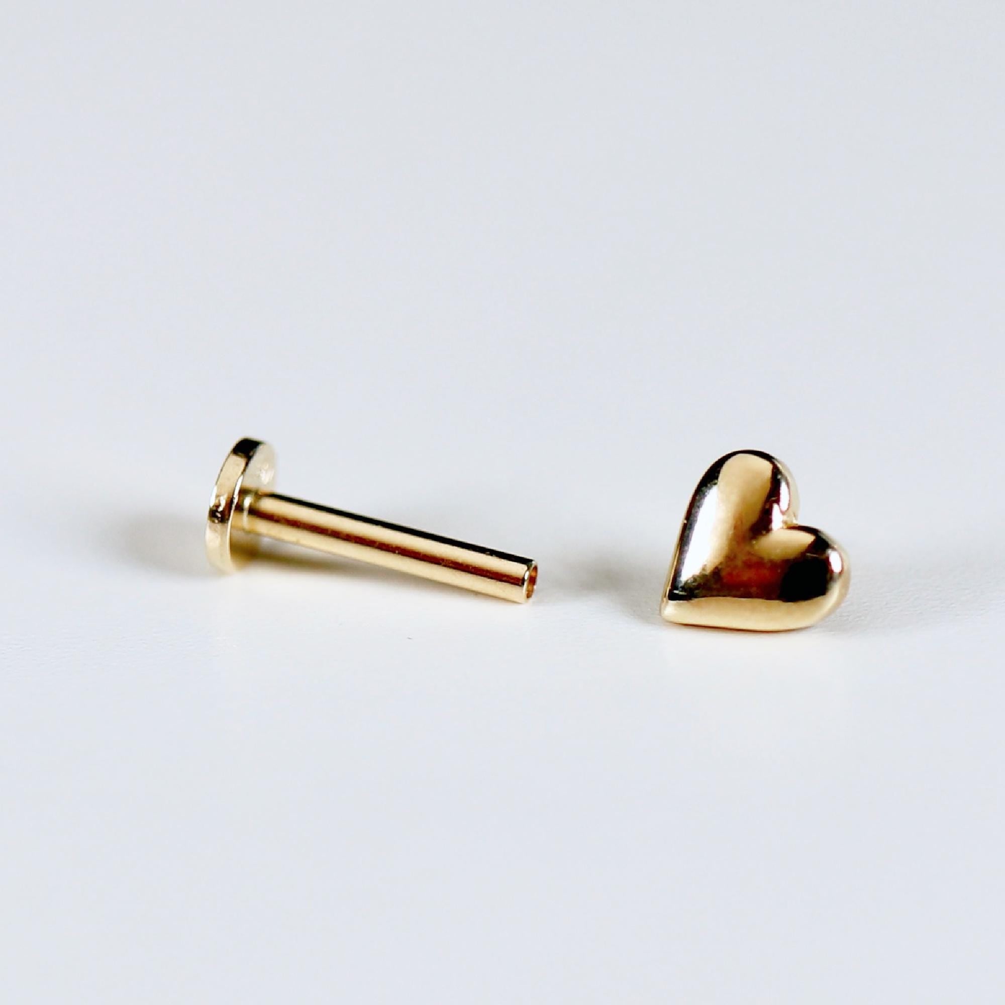 Heart Cartilage Earrings, 14k Solid Gold Earrings, Internally Threaded Flat Back Earrings, Heart Piercing Studs, Tragus Valentine's Gift