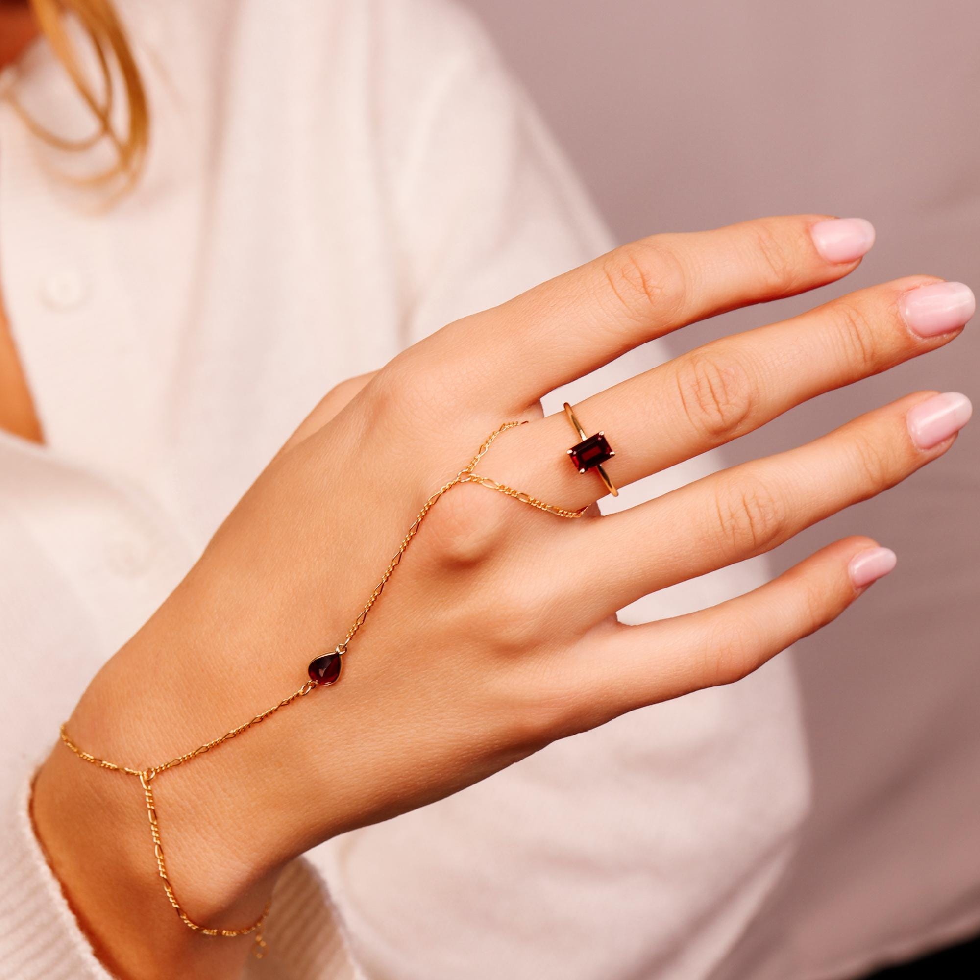 Gold Slave Bracelet, Garnet Hand Chain, Pear Garnet Hand Ring, Gold Handlet Bracelet, Gemstone Hand Chain