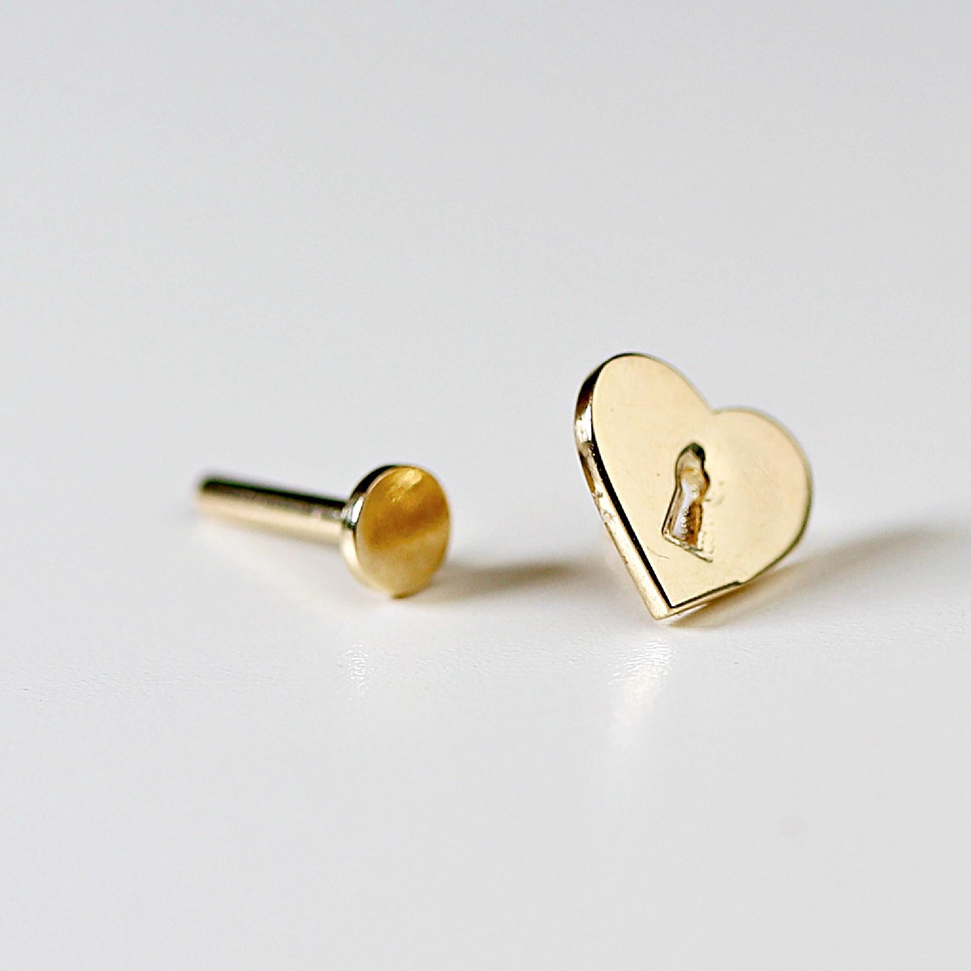 Padlock Heart Flat Back Cartilage Earrings 14k Solid Gold Internally Threaded Flat Back Earrings, Heart Studs, Tragus Valentine's Gift