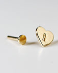 Padlock Heart Flat Back Cartilage Earrings 14k Solid Gold Internally Threaded Flat Back Earrings, Heart Studs, Tragus Valentine's Gift