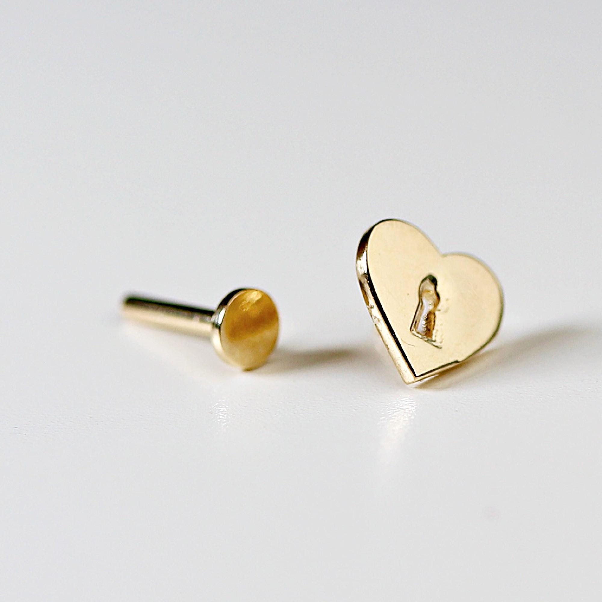 Padlock Heart Flat Back Cartilage Earrings 14k Solid Gold - Melt'm Jewelry