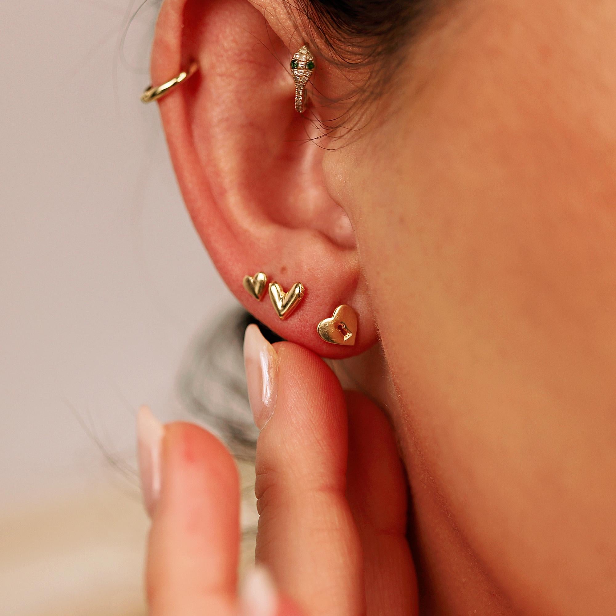 Padlock Heart Flat Back Cartilage Earrings 14k Solid Gold