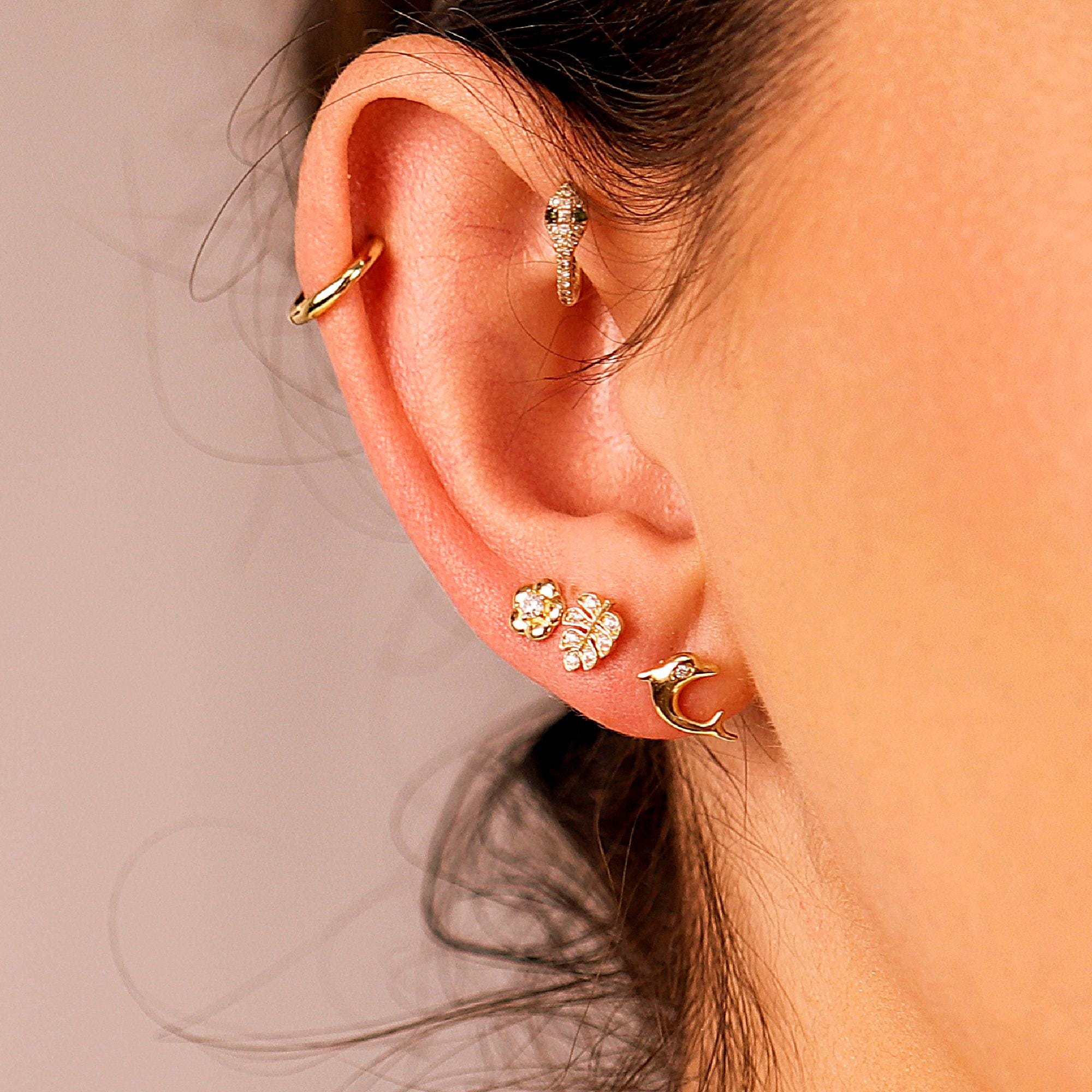 Monstera Leaf Cz Flat Back Earrings 14k Solid Gold - Melt'm Jewelry